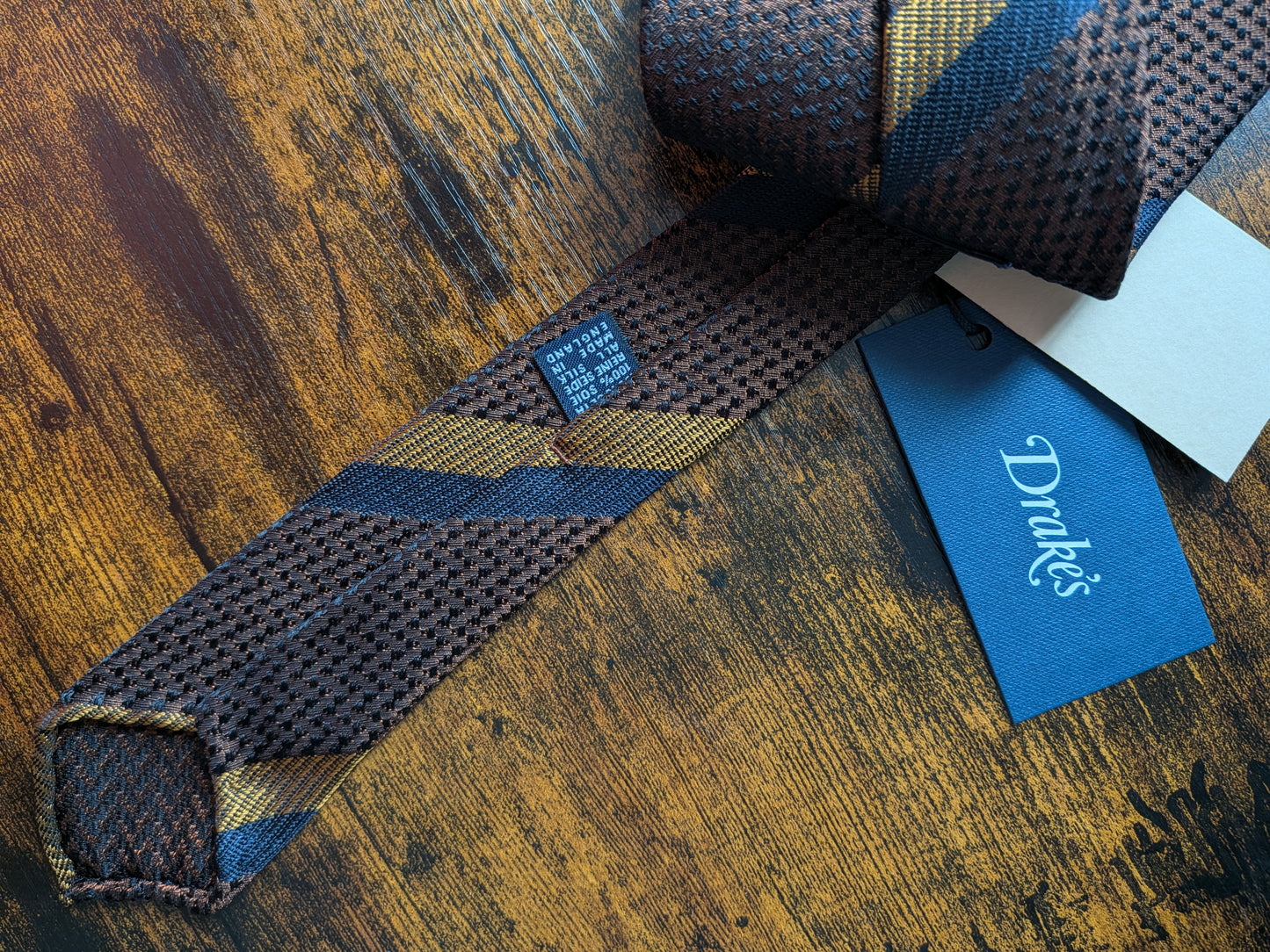 Drakes Brown Navy Yellow Handmade Striped Silk Tie With Tag