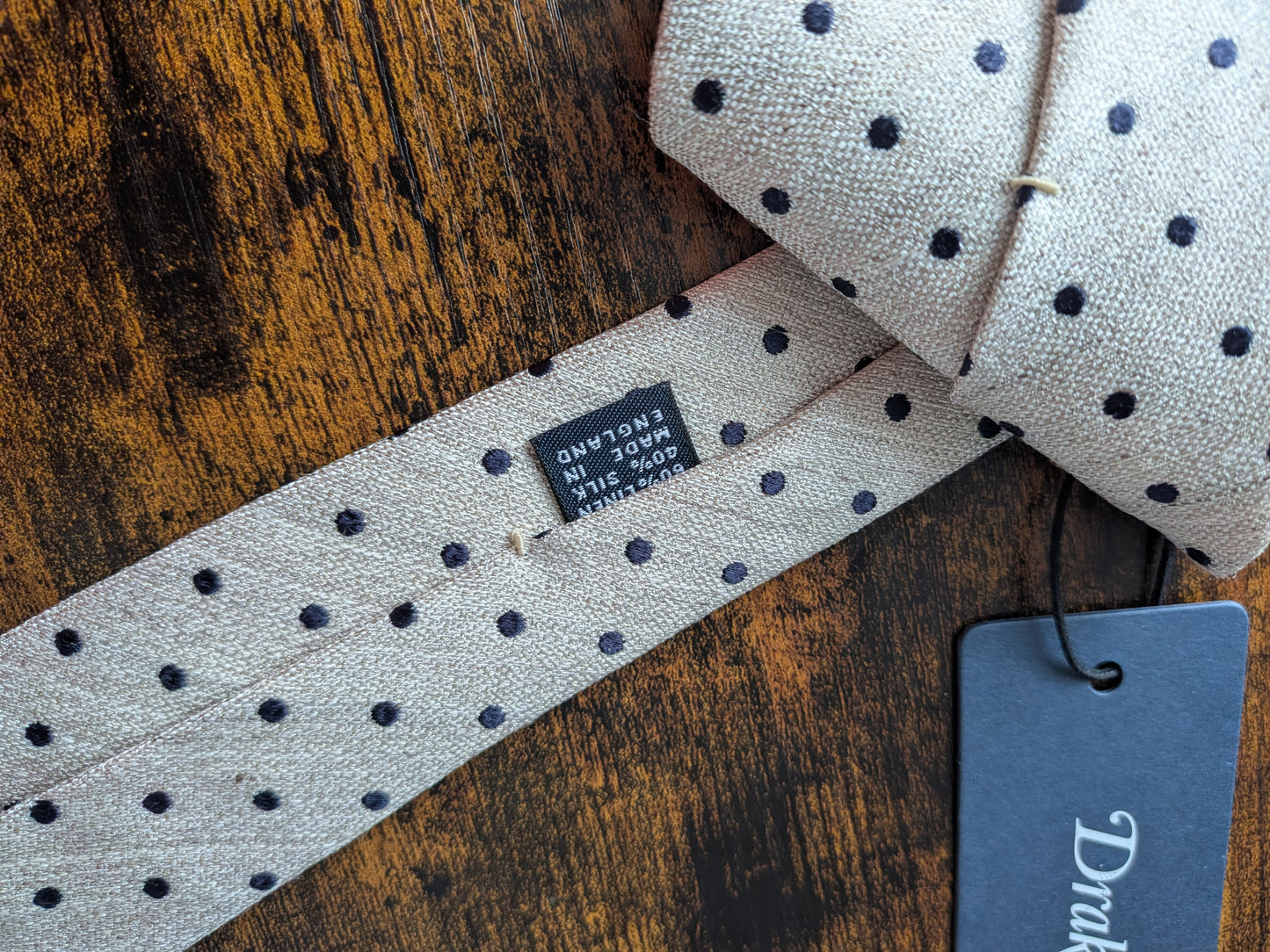Drakes White Navy Handmade Polka Dot Hand-rolled Silk Tie With Tag