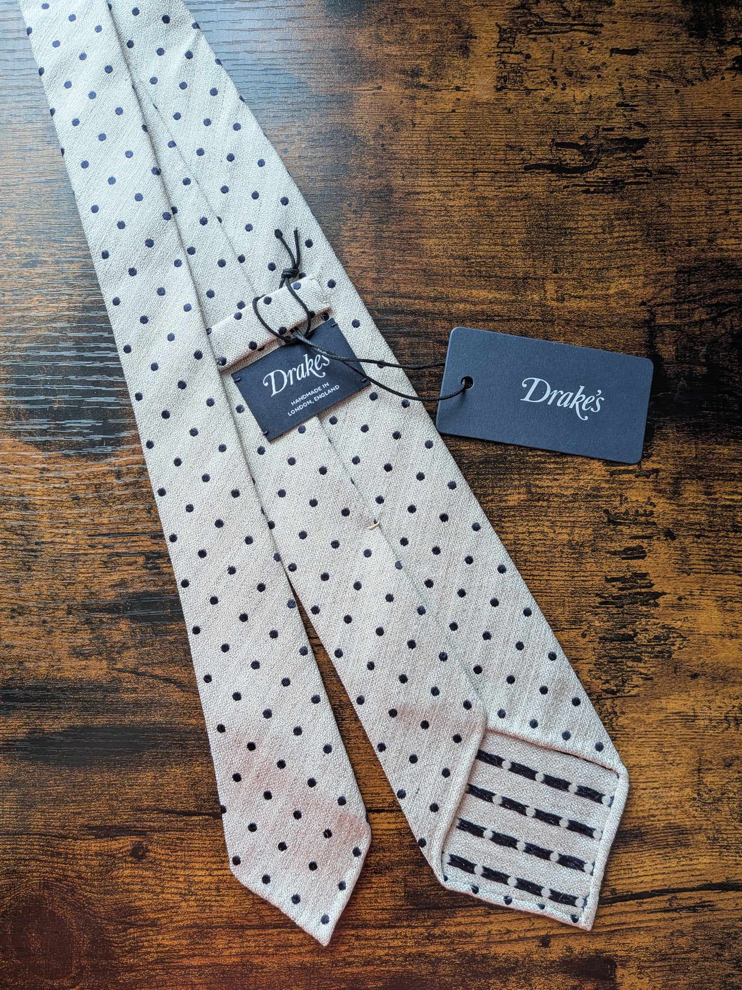 Drakes White Navy Handmade Polka Dot Hand-rolled Silk Tie With Tag