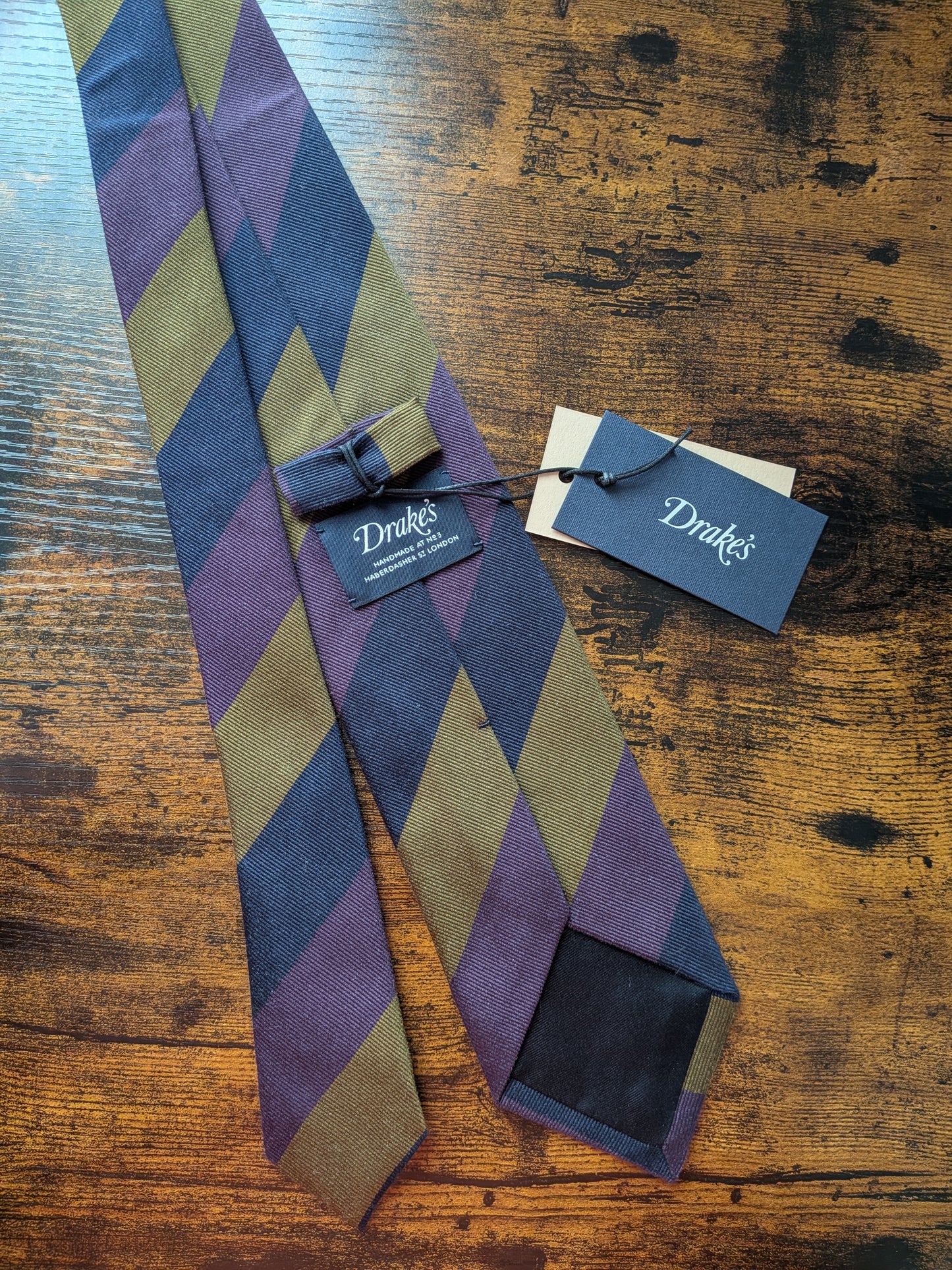 Drakes Purple Navy Mastard Handmade Striped Silk Tie With Tag