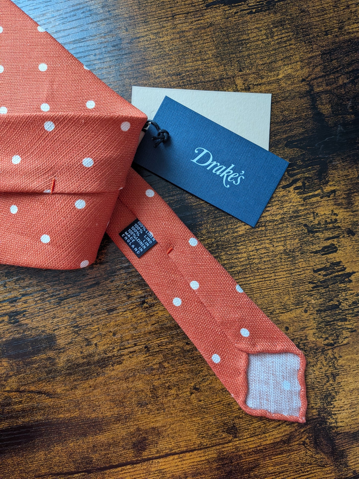 Drakes Orange White Handmade Polka Dot Hand-rolled Silk Tie With Tag
