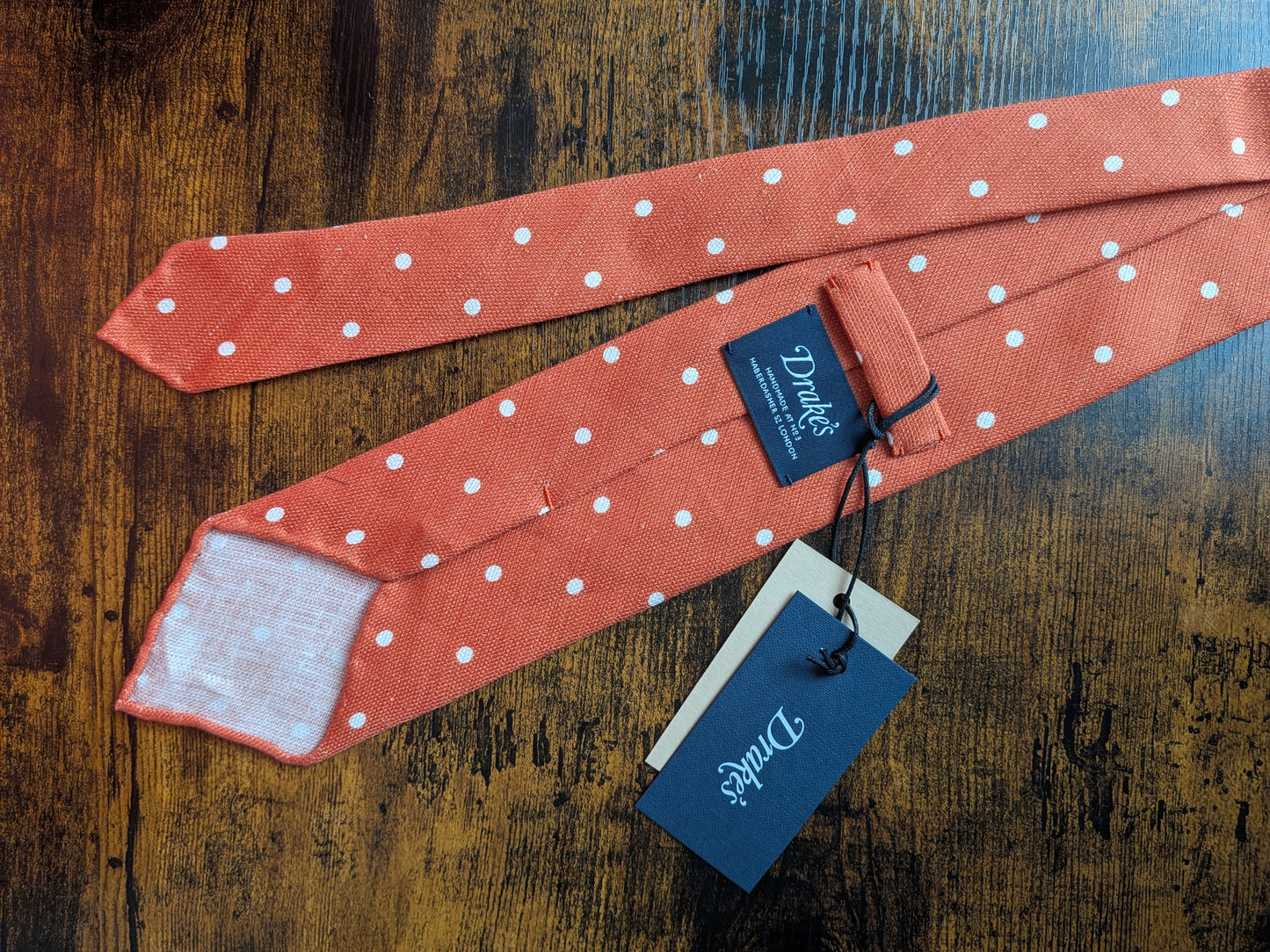 Drakes Orange White Handmade Polka Dot Hand-rolled Silk Tie With Tag