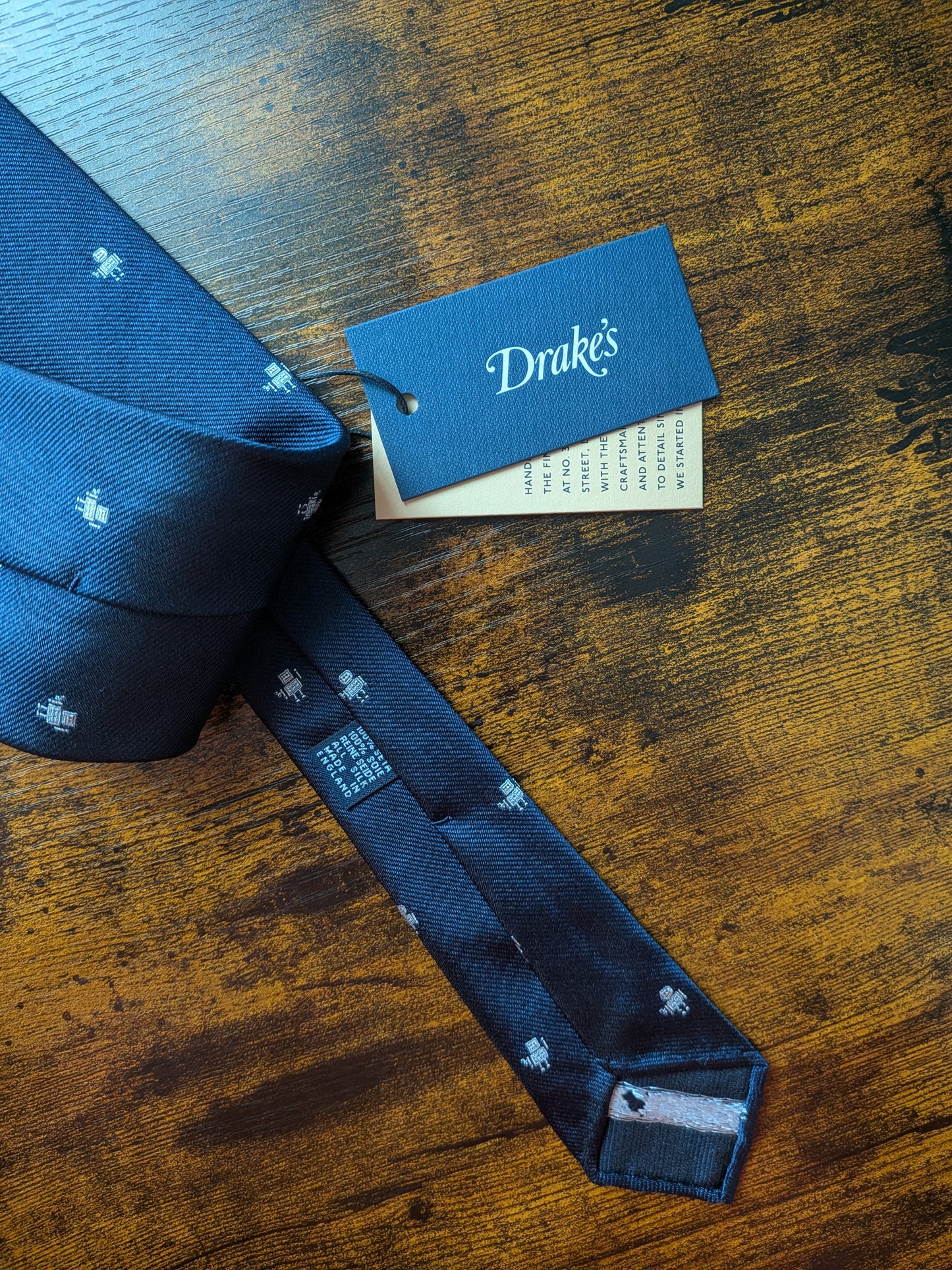 Drakes Dark Navy Robot Handmade Tipped Silk Tie With Tag Robot