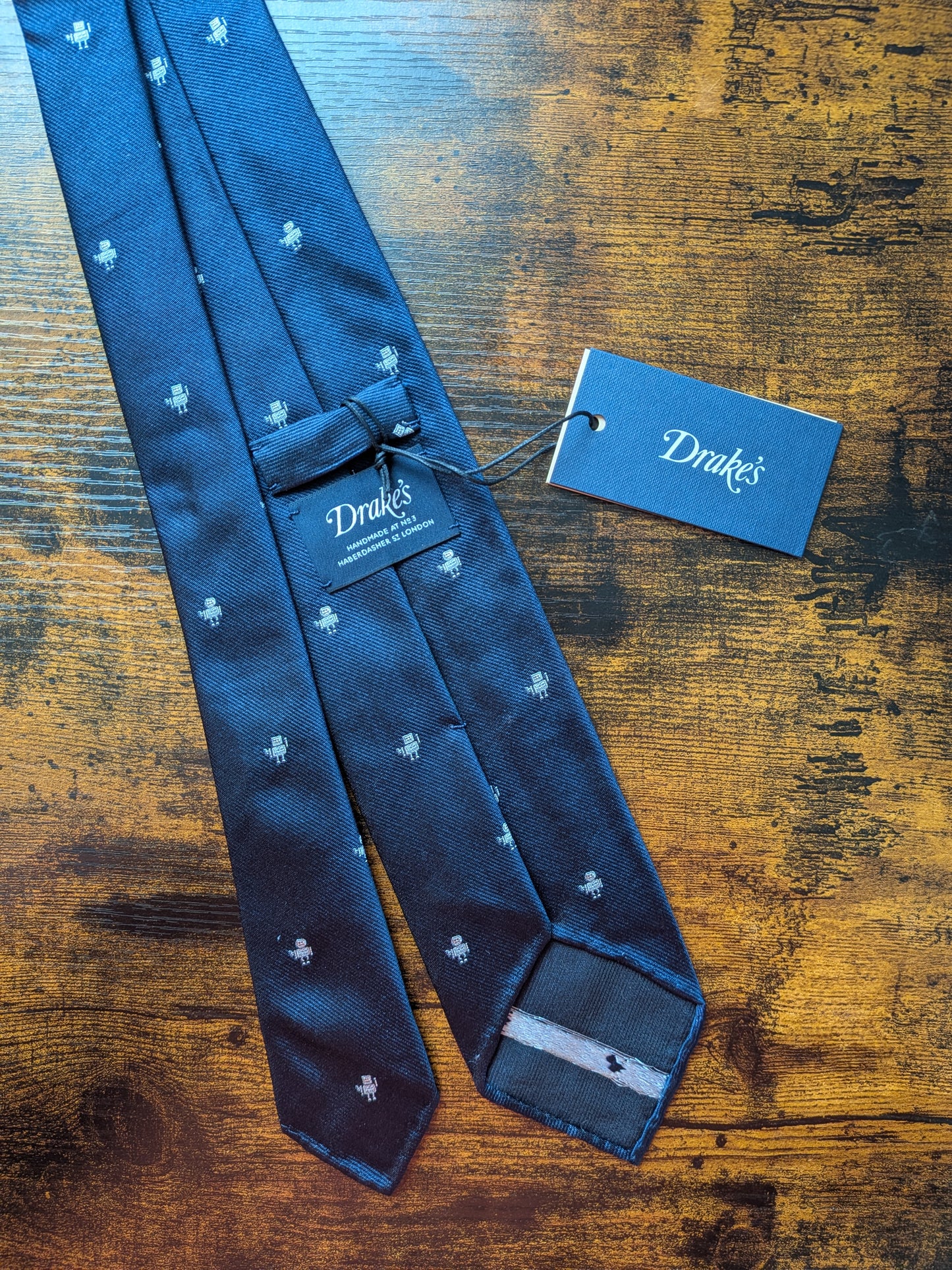 Drakes Dark Navy Robot Handmade Tipped Silk Tie With Tag Robot