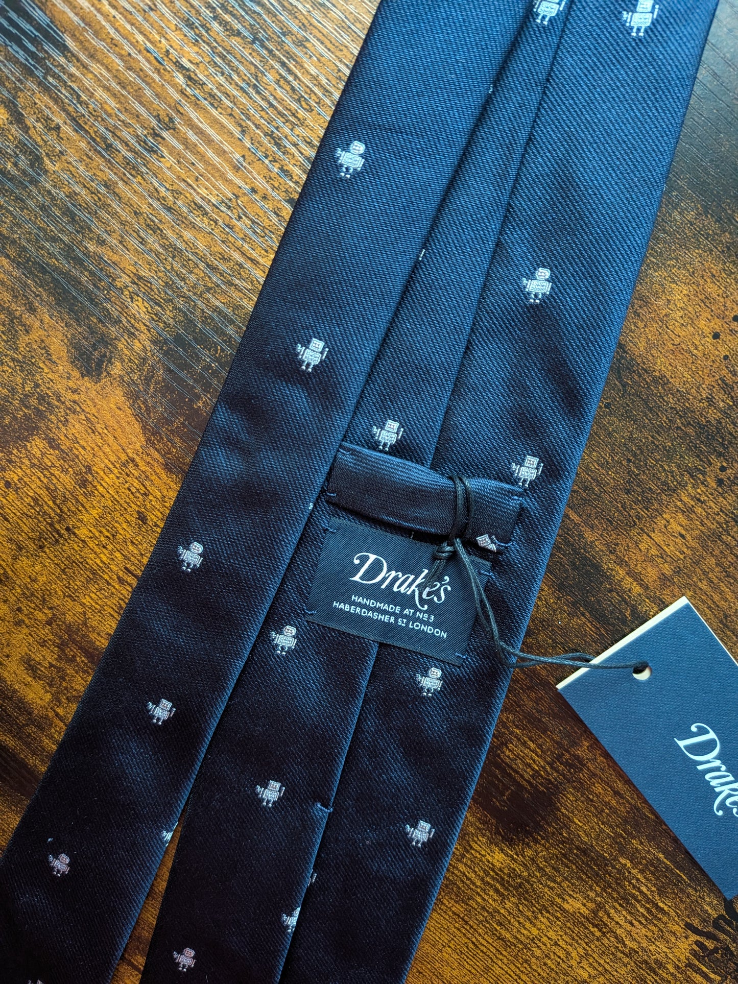 Drakes Dark Navy Robot Handmade Tipped Silk Tie With Tag Robot