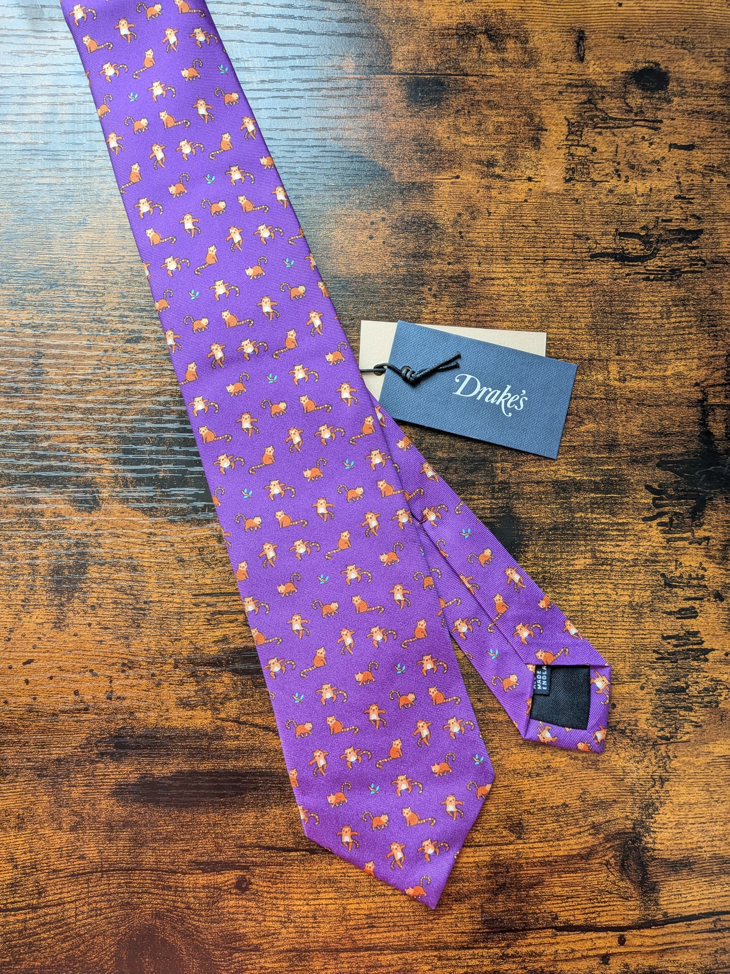 Drakes Red Panda Motif Handmade Tipped Silk Tie With Tag Limited Edition