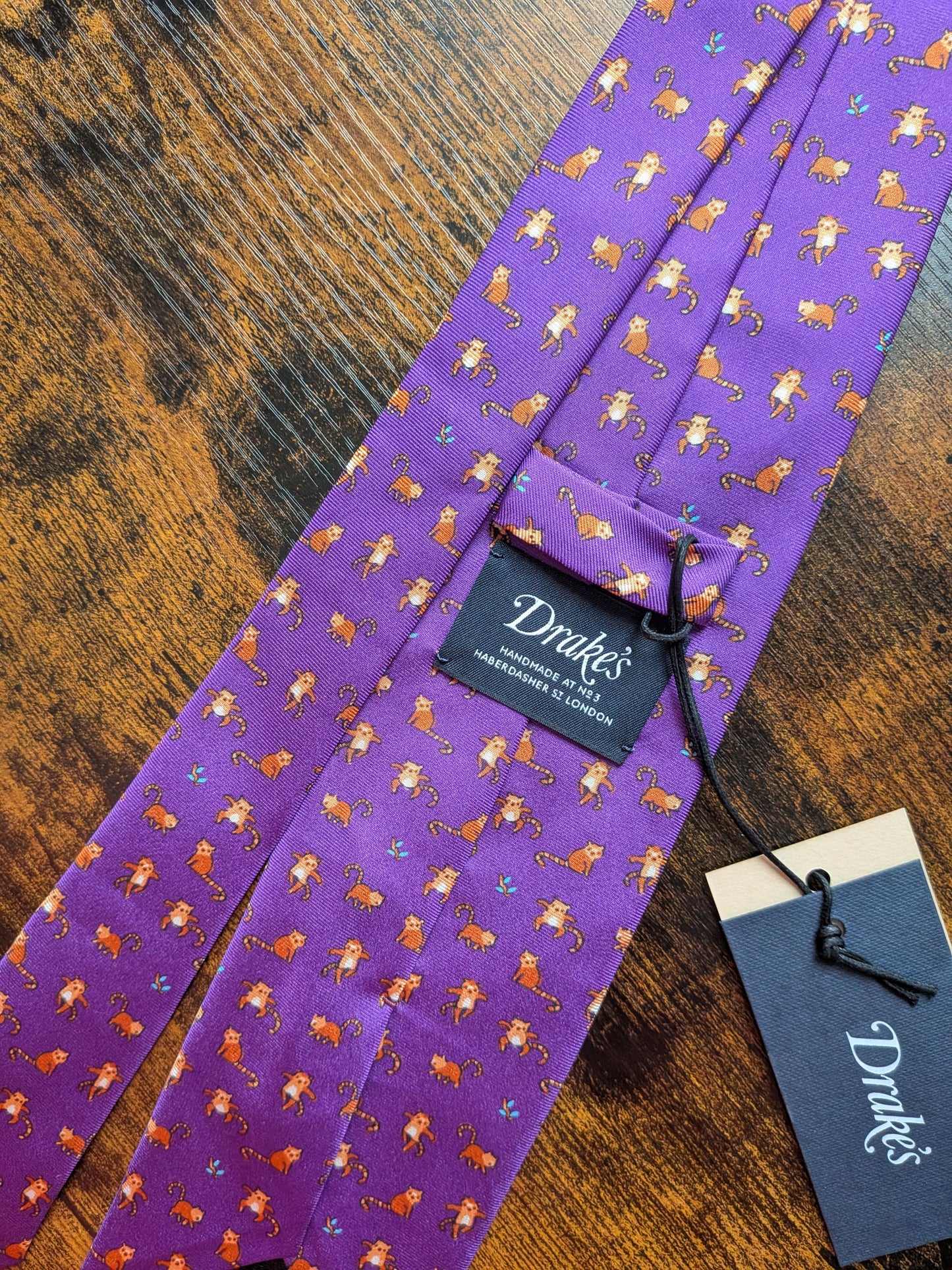 Drakes Red Panda Motif Handmade Tipped Silk Tie With Tag Limited Edition