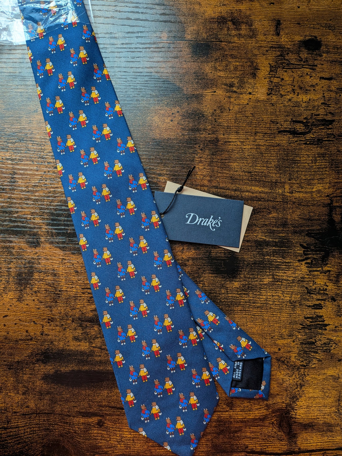 Drakes Blue Bears In Coats Handmade Tipped Silk Tie With Tag Limited Edition