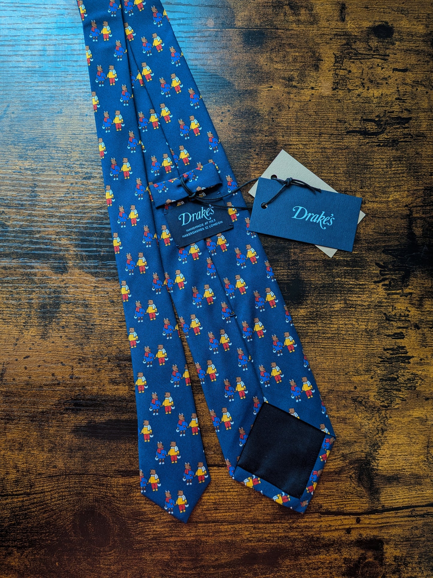 Drakes Blue Bears In Coats Handmade Tipped Silk Tie With Tag Limited Edition