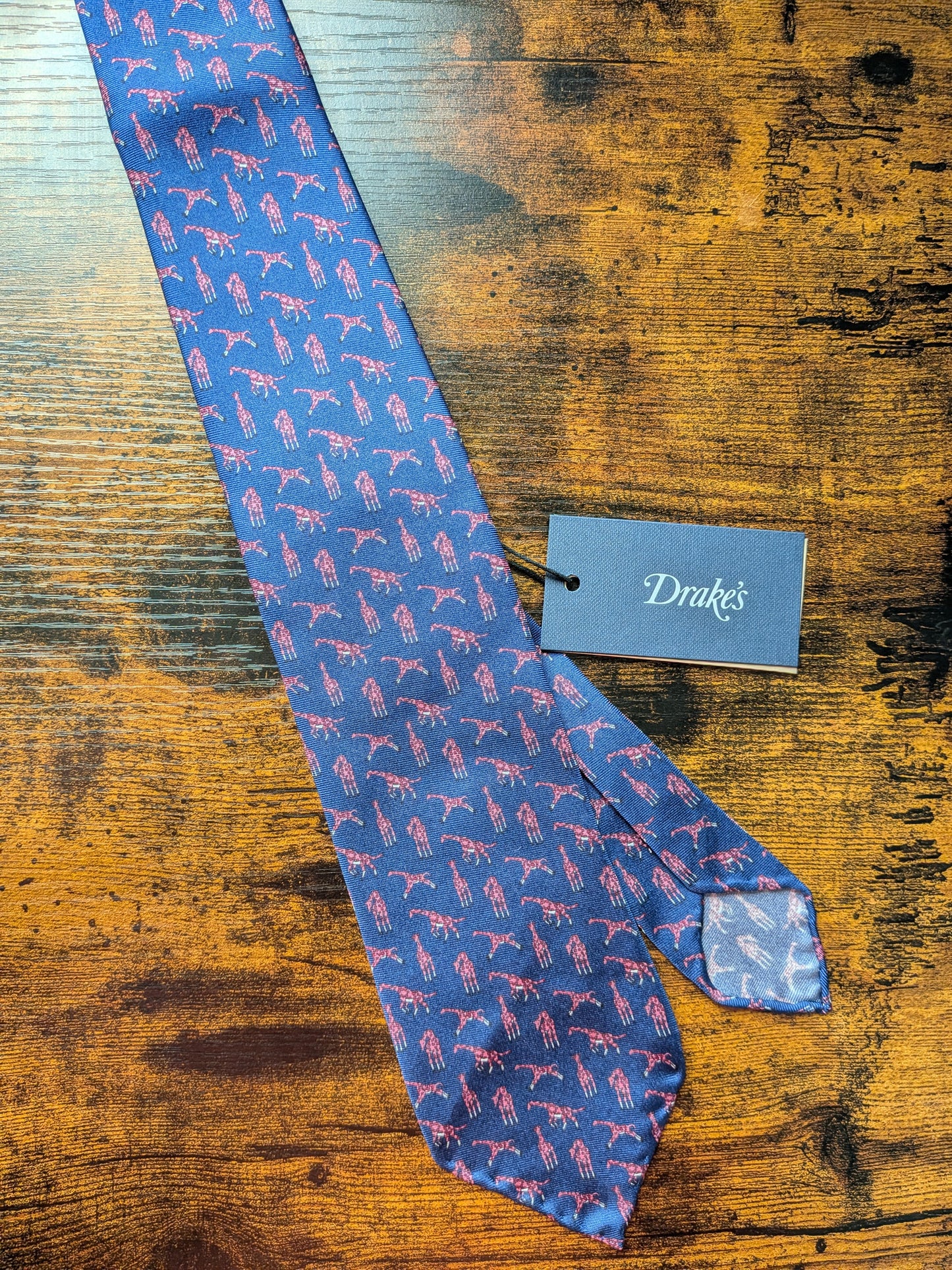 Drakes Blue Pink Giraffe Handmade Tipped Silk Tie With Tag Limited Edition