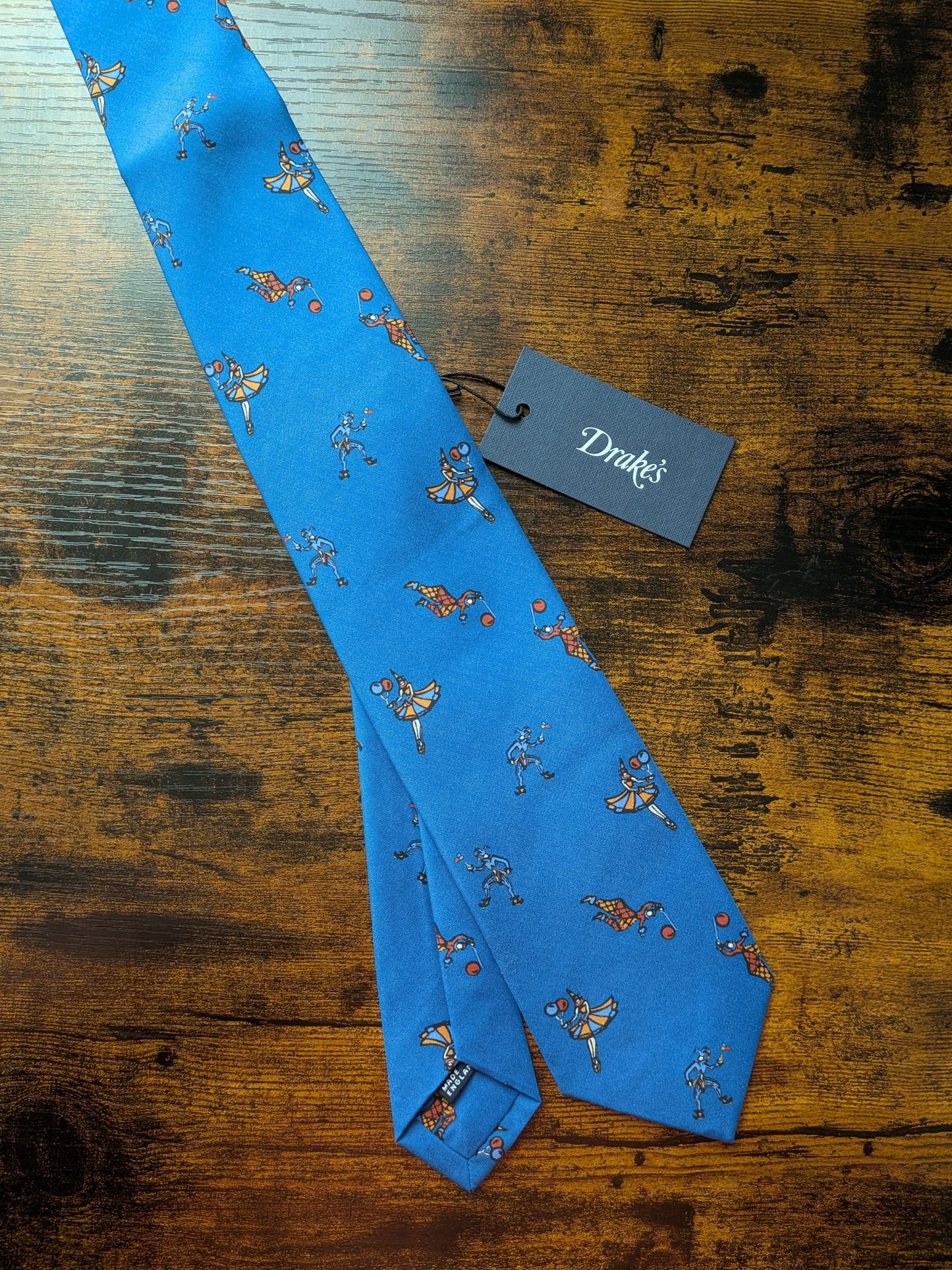 Drakes Blue Jesters Circus Handmade Tipped Silk Tie With Tag Circus Limited Edition