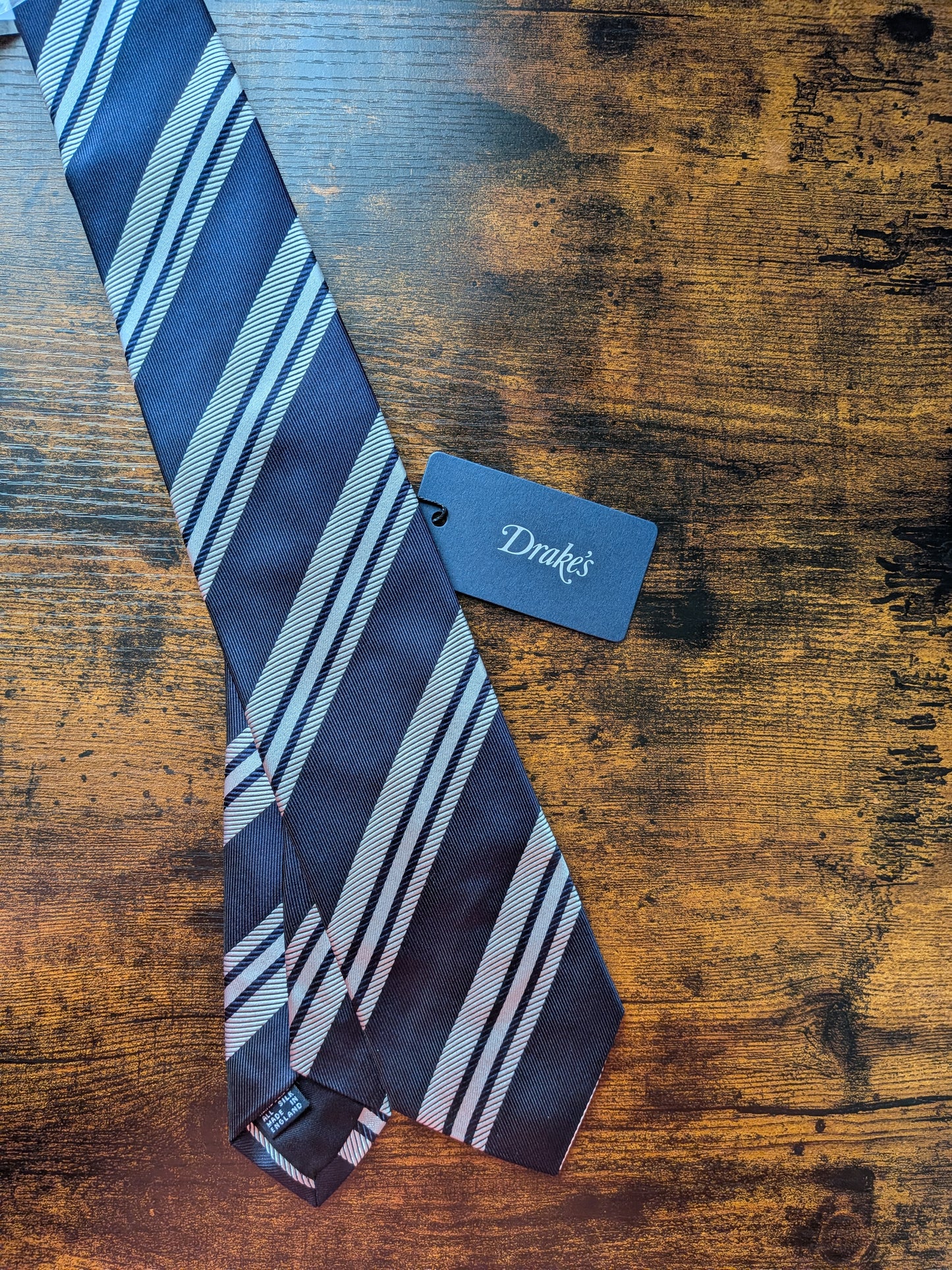Drakes Dark Navy White Handmade Striped Silk Tie With Tag