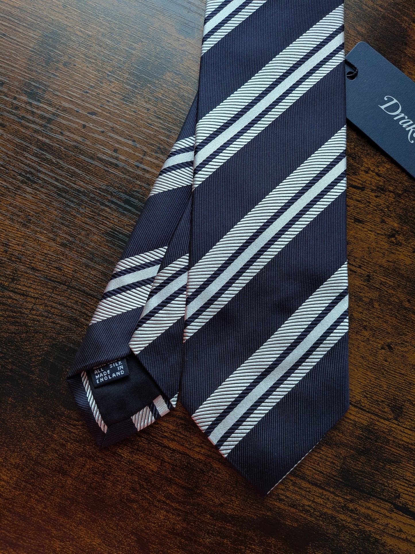 Drakes Dark Navy White Handmade Striped Silk Tie With Tag