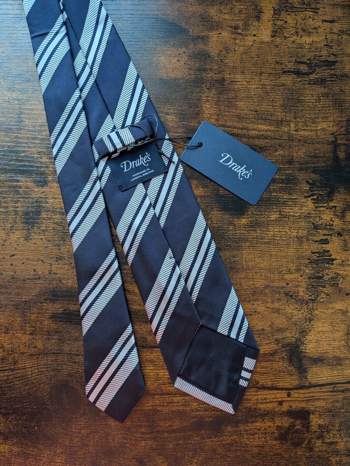 Drakes Dark Navy White Handmade Striped Silk Tie With Tag