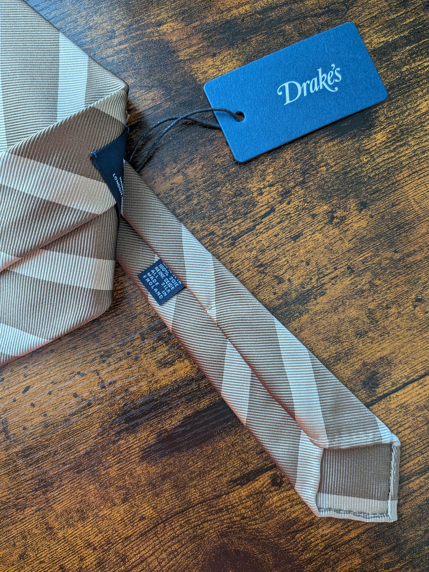 Drakes Light Brown Handmade Striped Silk Tie With Tag
