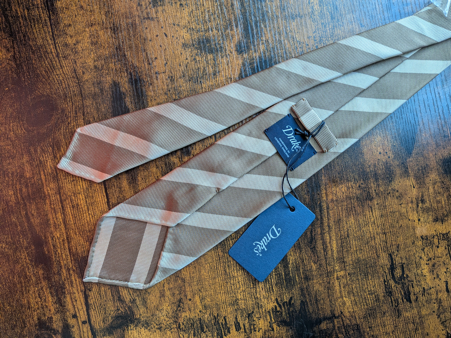 Drakes Light Brown Handmade Striped Silk Tie With Tag