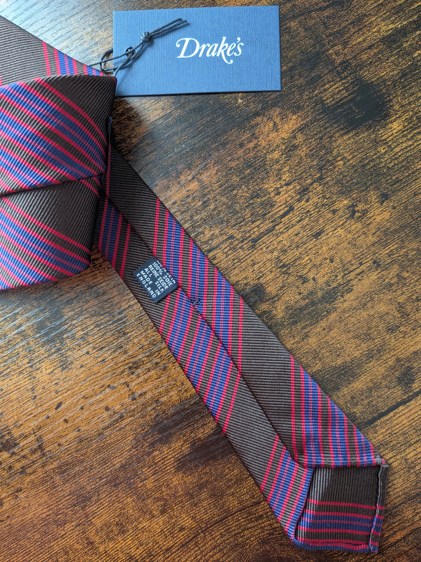 Drakes Brown Red Blue Handmade Striped Silk Tie With Tag