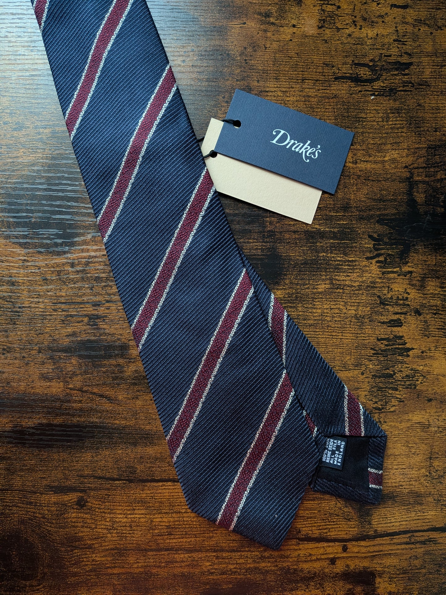 Drakes Navy Burgundy White Handmade Striped Silk Tie With Tag