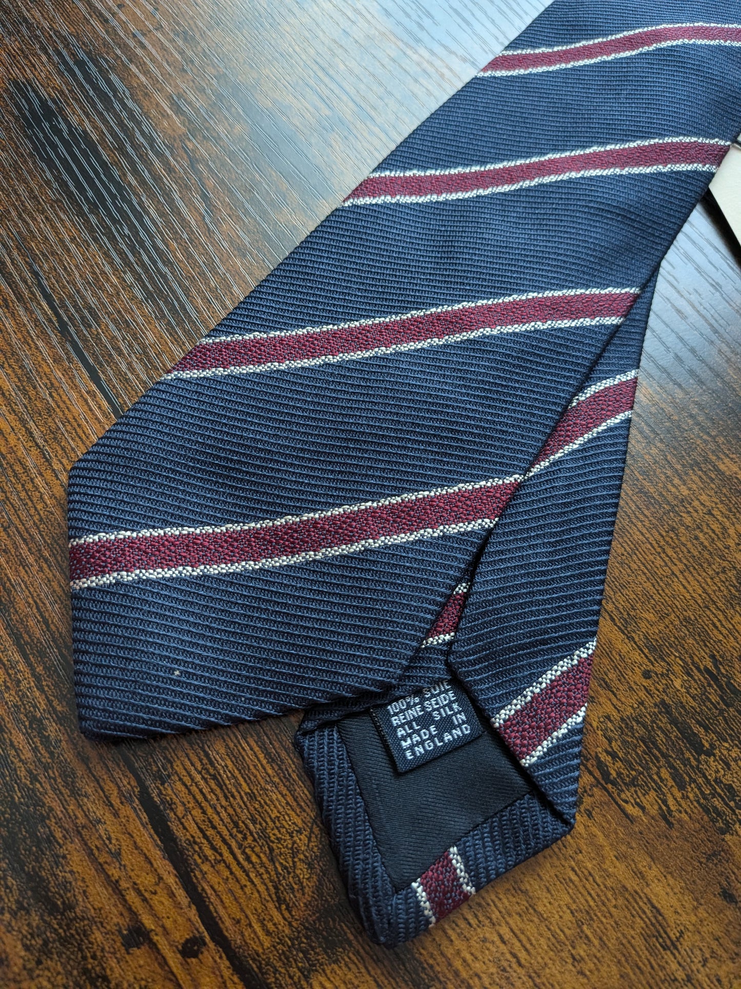 Drakes Navy Burgundy White Handmade Striped Silk Tie With Tag