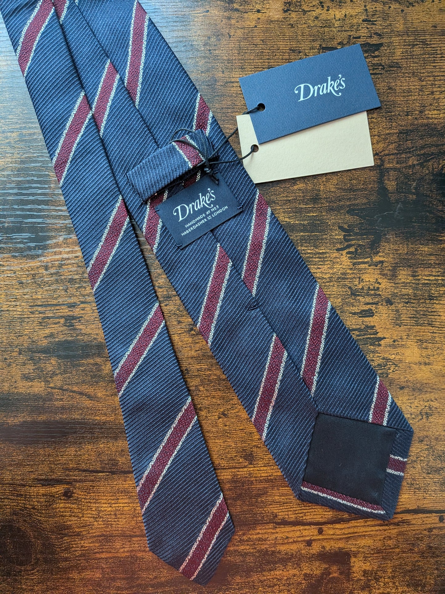 Drakes Navy Burgundy White Handmade Striped Silk Tie With Tag