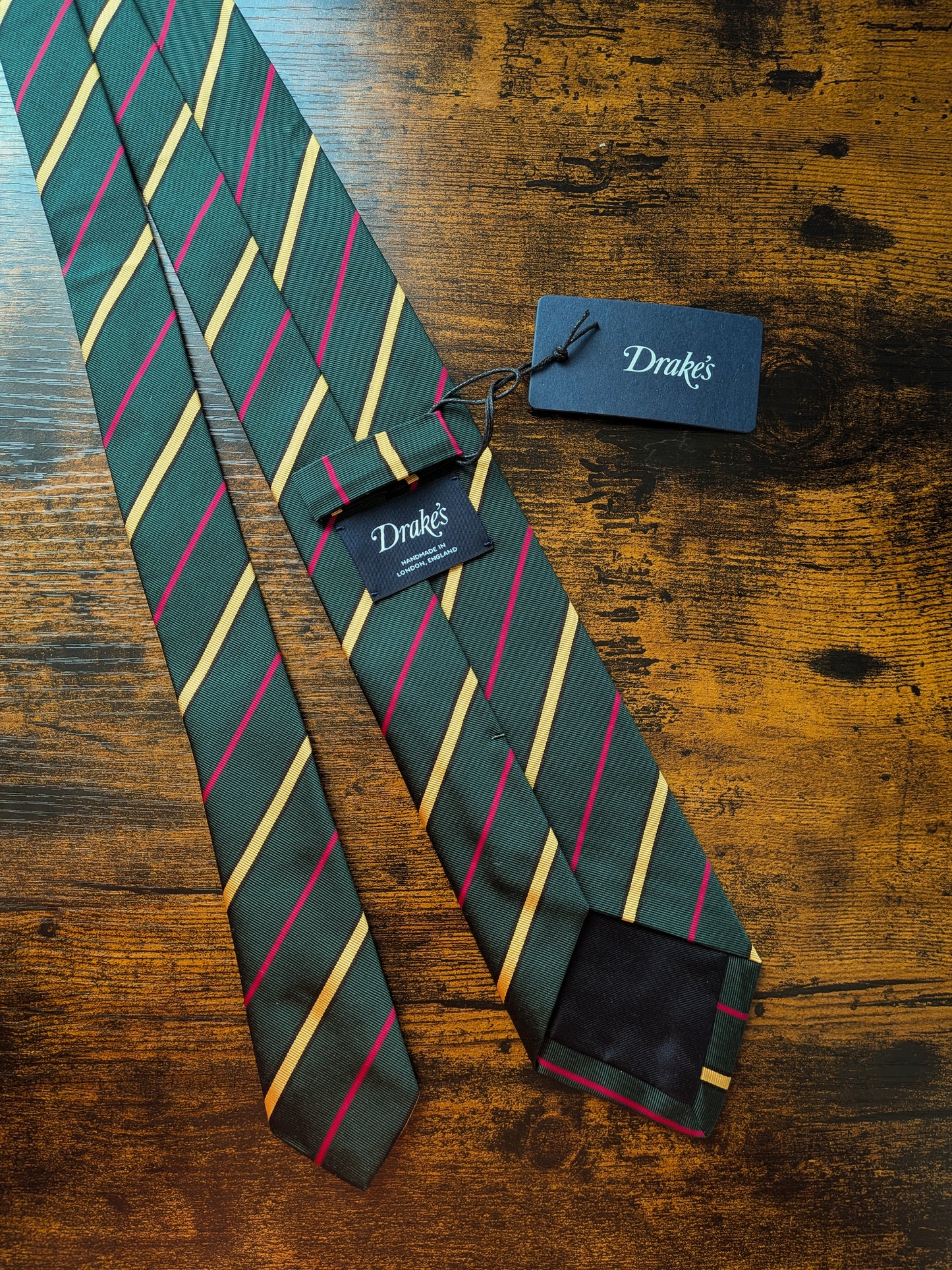Drakes Green Yellow Pink Handmade Striped Silk Cotton Tie With Tag