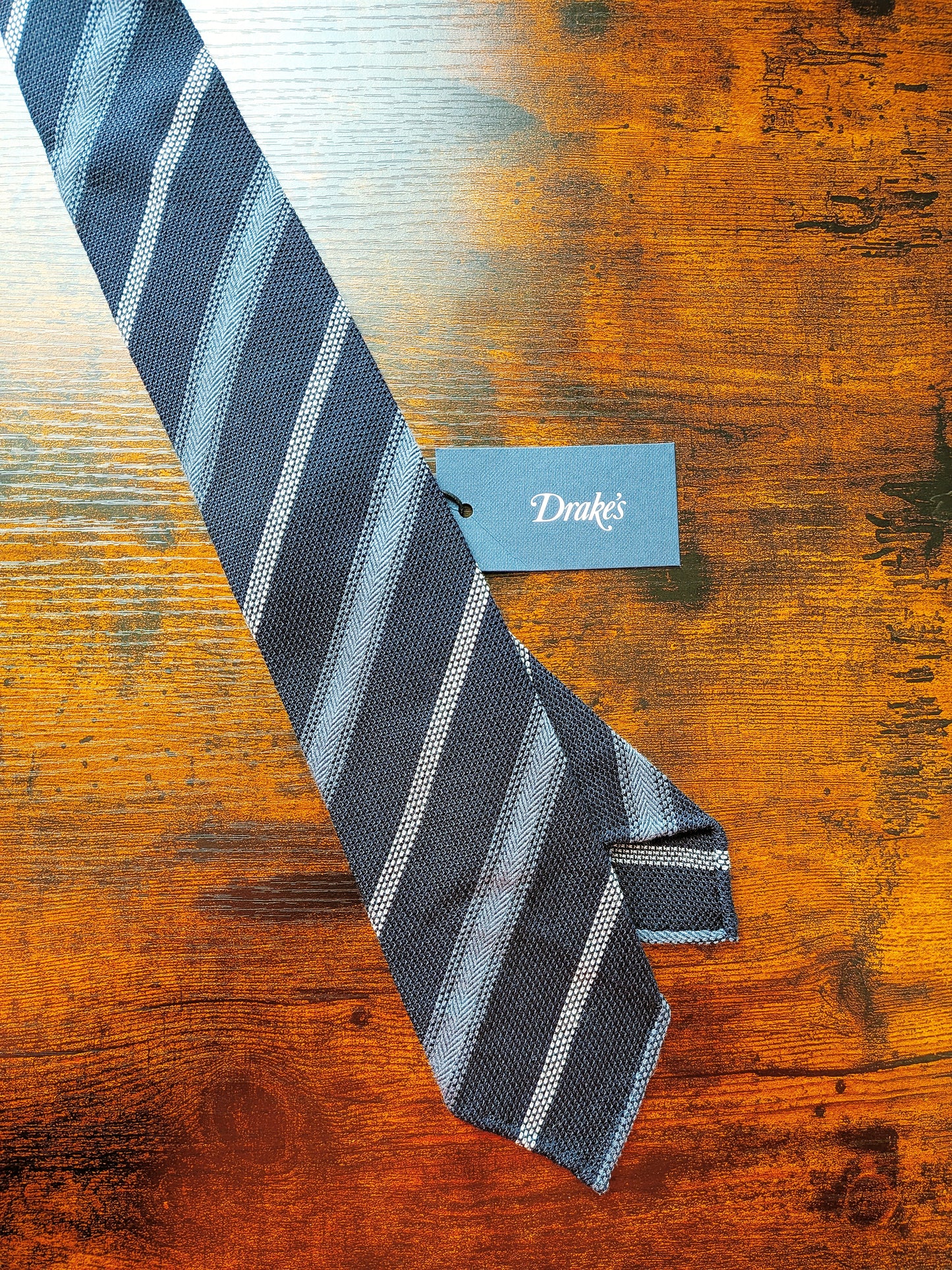 Drakes Grenadine Navy Blue Handmade Striped Silk Tie With Tag