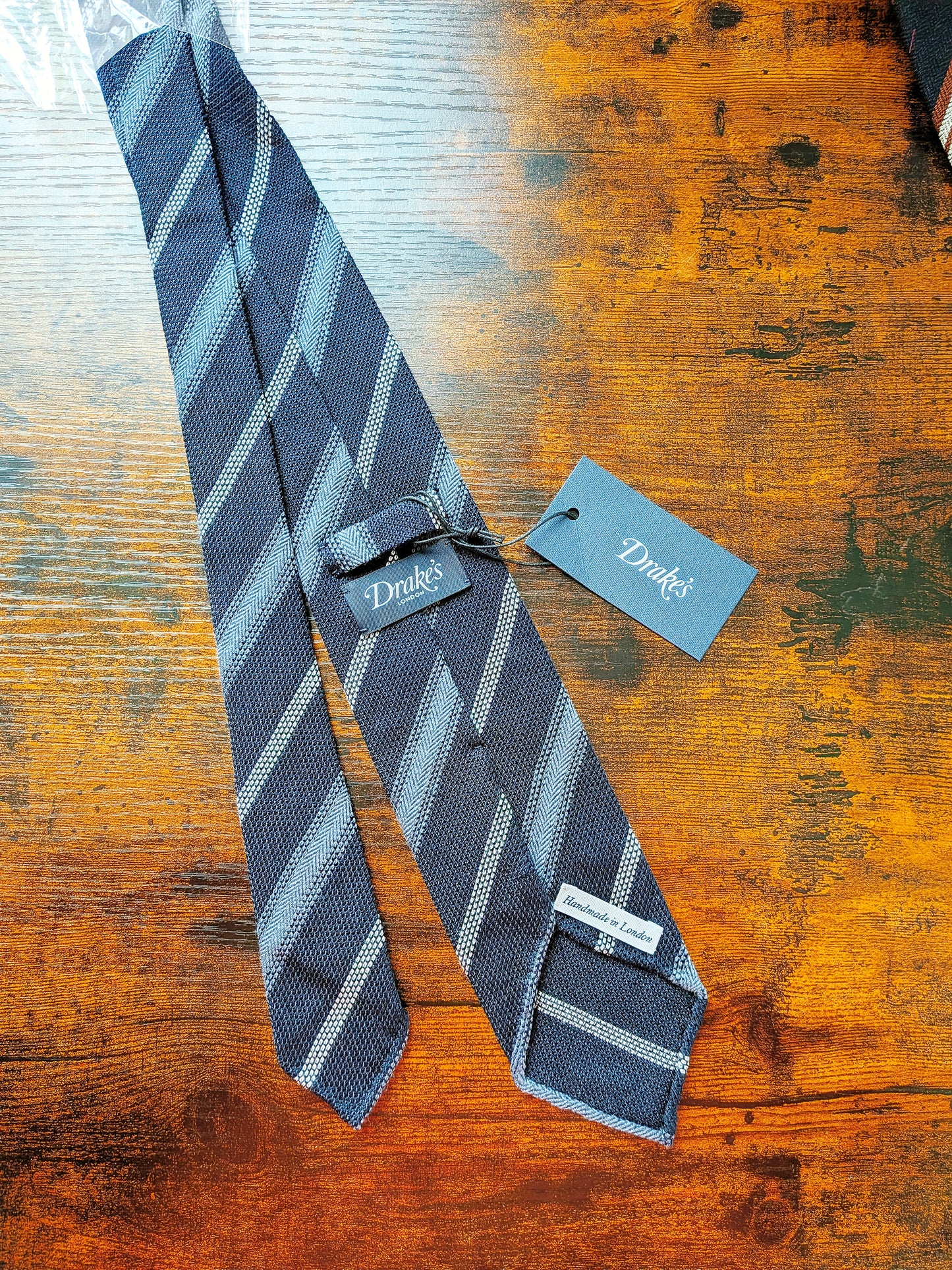 Drakes Grenadine Navy Blue Handmade Striped Silk Tie With Tag
