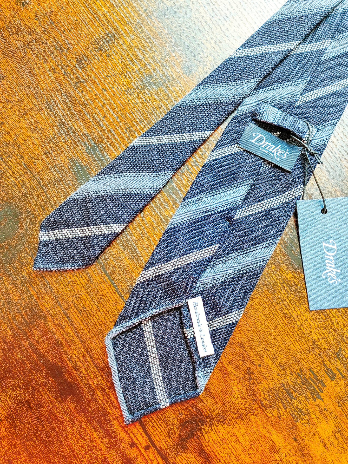 Drakes Grenadine Navy Blue Handmade Striped Silk Tie With Tag