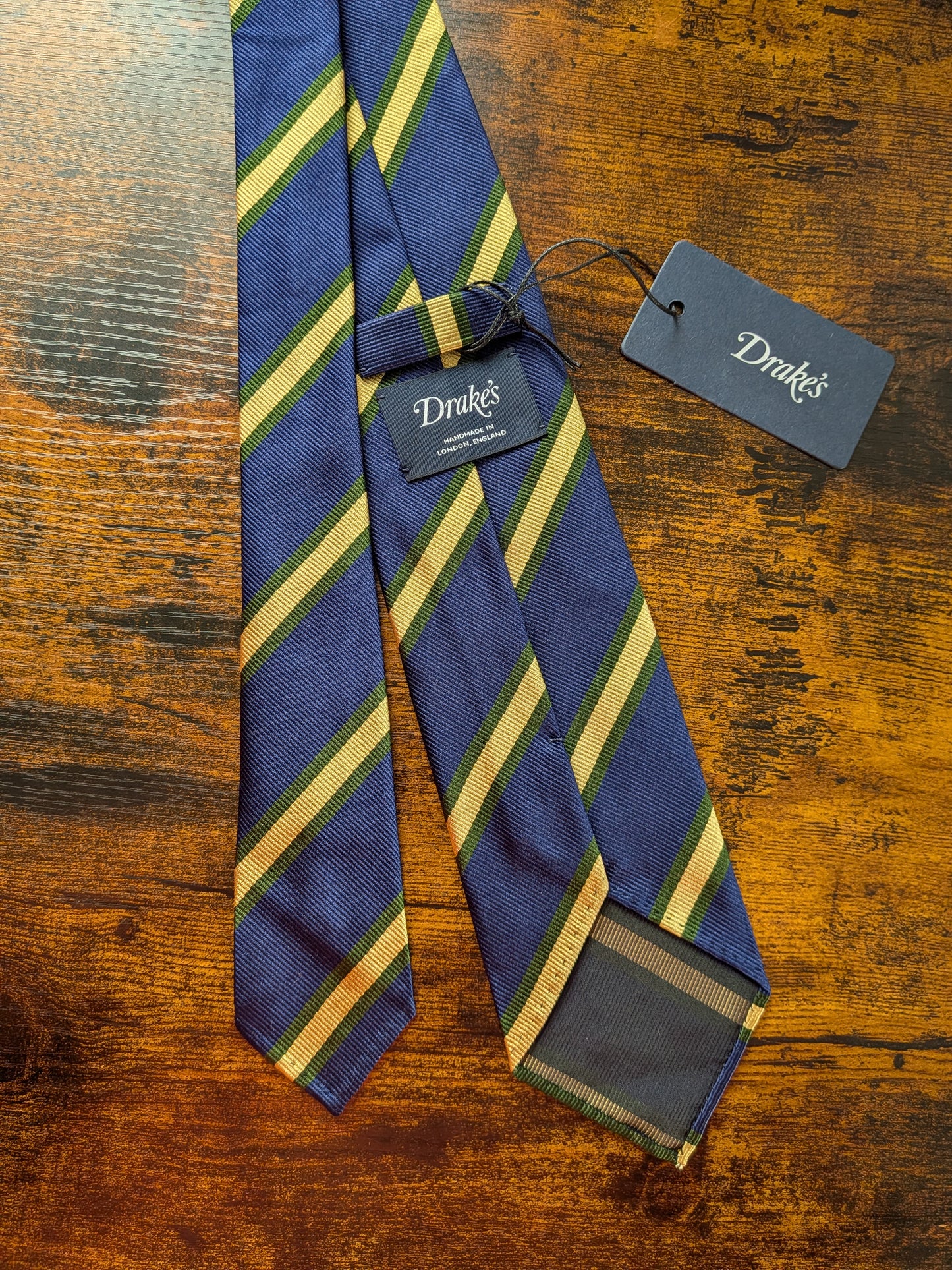 DrakesIndigo Blue Green Yellow  Handmade Striped Silk Tie With Tag