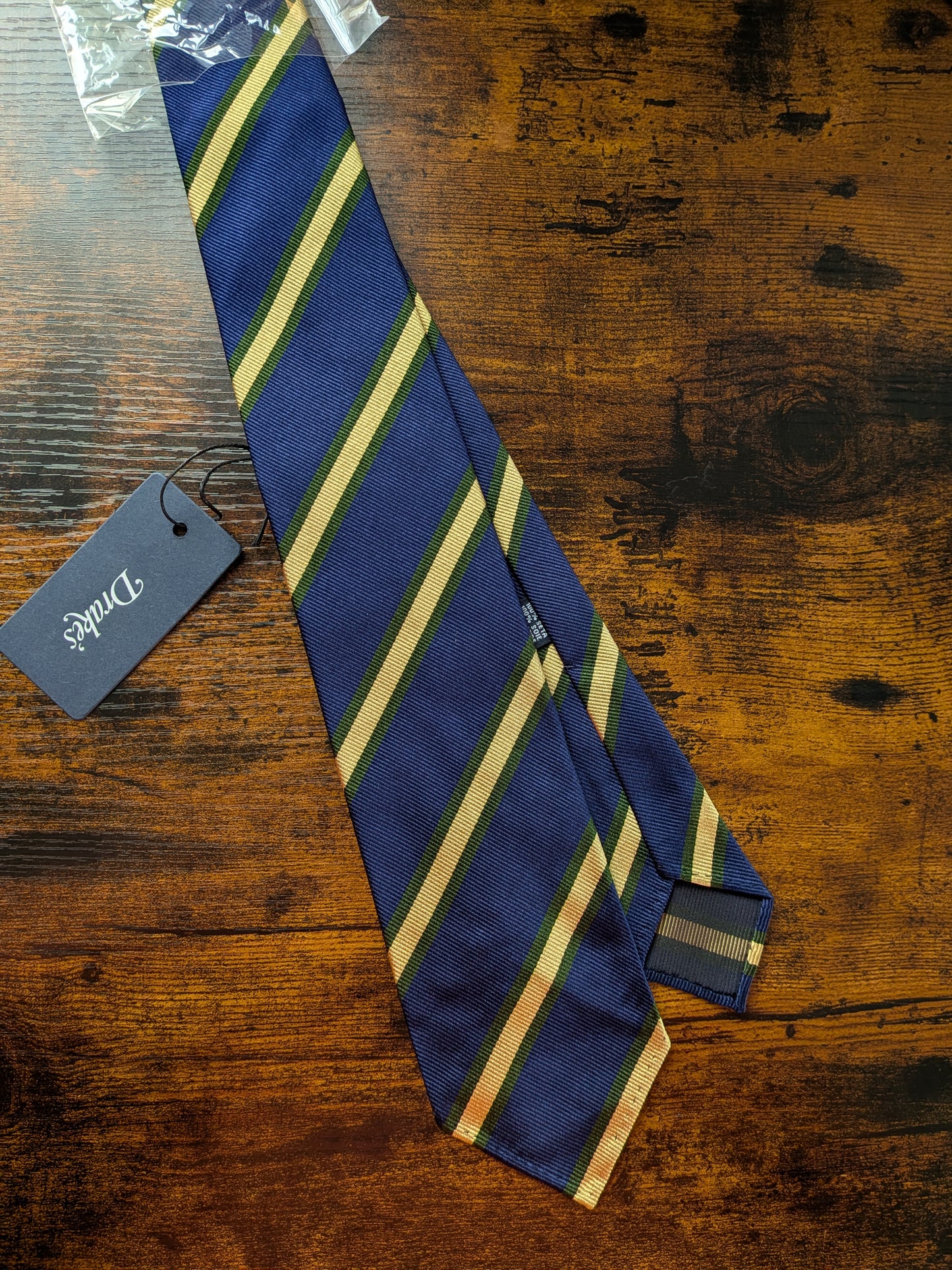 DrakesIndigo Blue Green Yellow  Handmade Striped Silk Tie With Tag