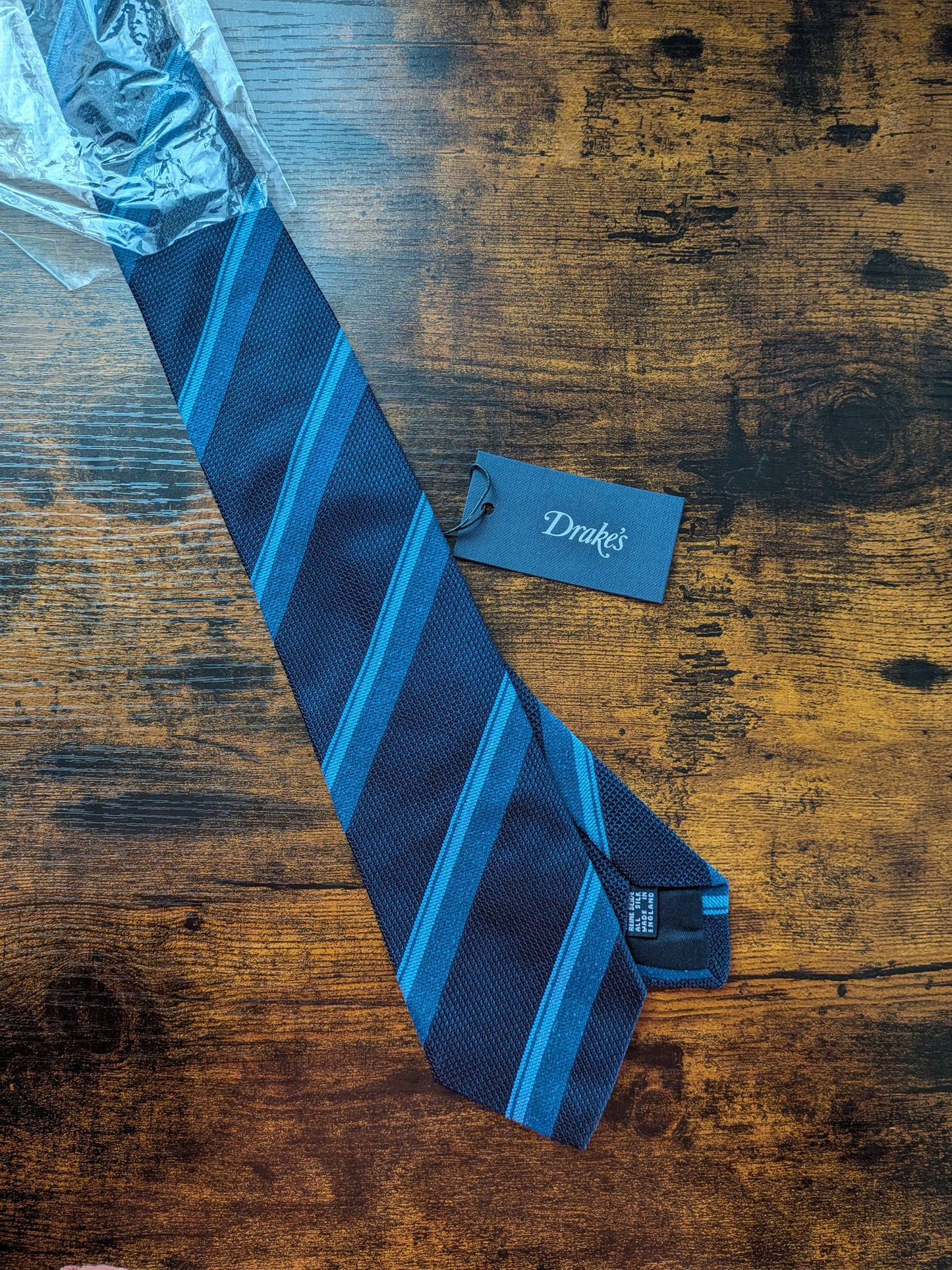 Drakes Dark and Light Blue Handmade Striped Silk Tie With Tag