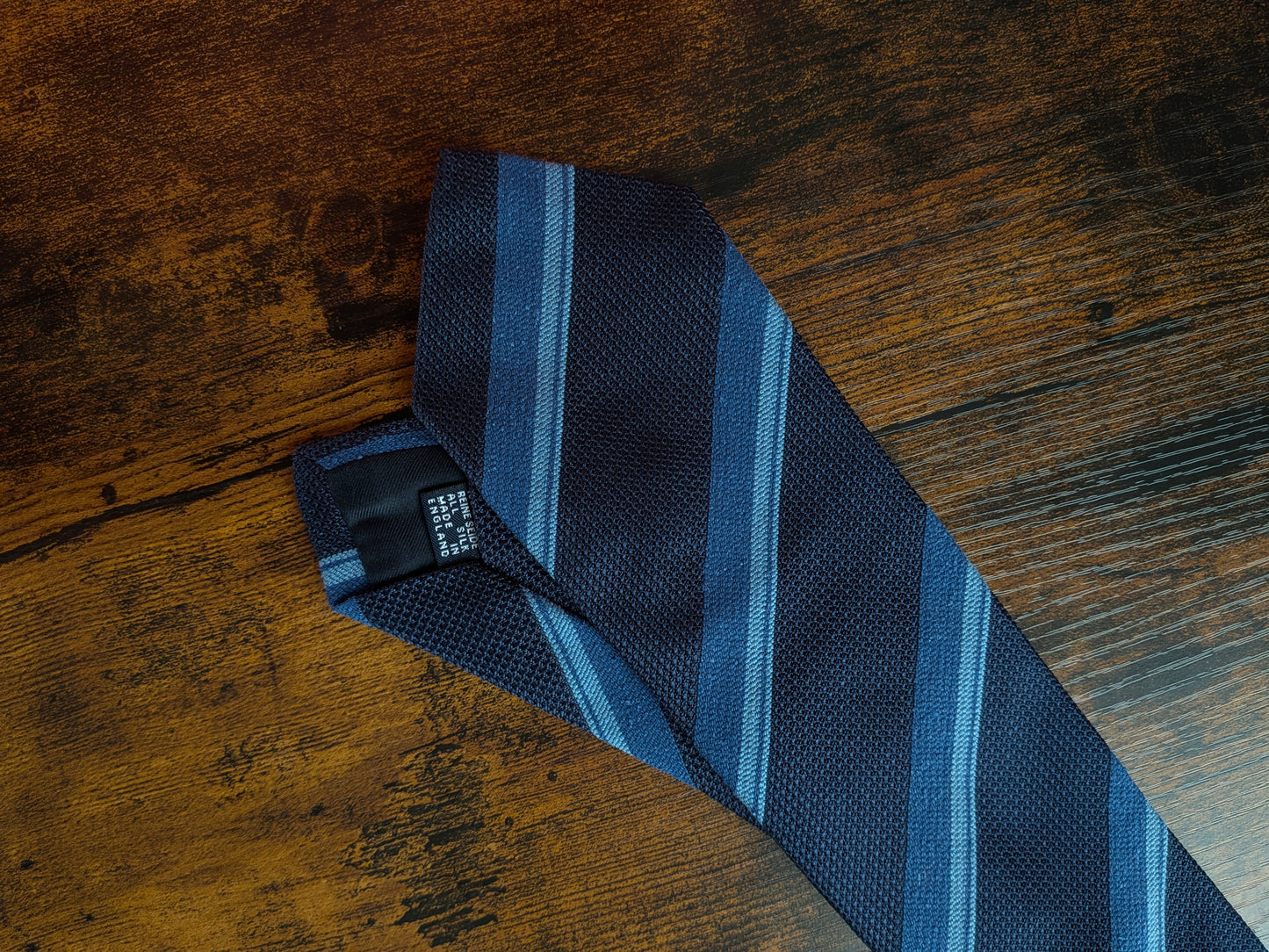 Drakes Dark and Light Blue Handmade Striped Silk Tie With Tag