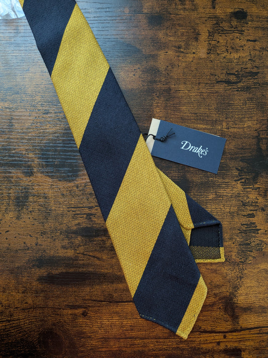 Drakes Yellow Dark Navy Block Striped Handmade Silk Tie With Tag