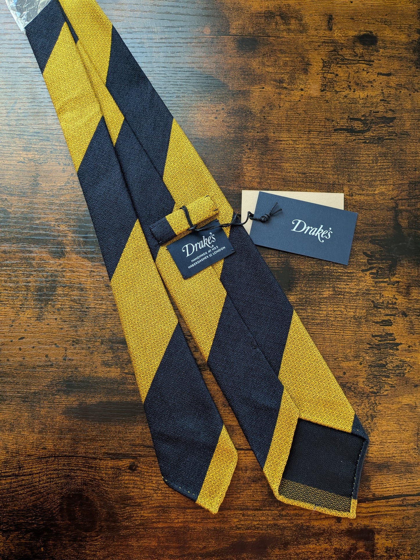 Drakes Yellow Dark Navy Block Striped Handmade Silk Tie With Tag