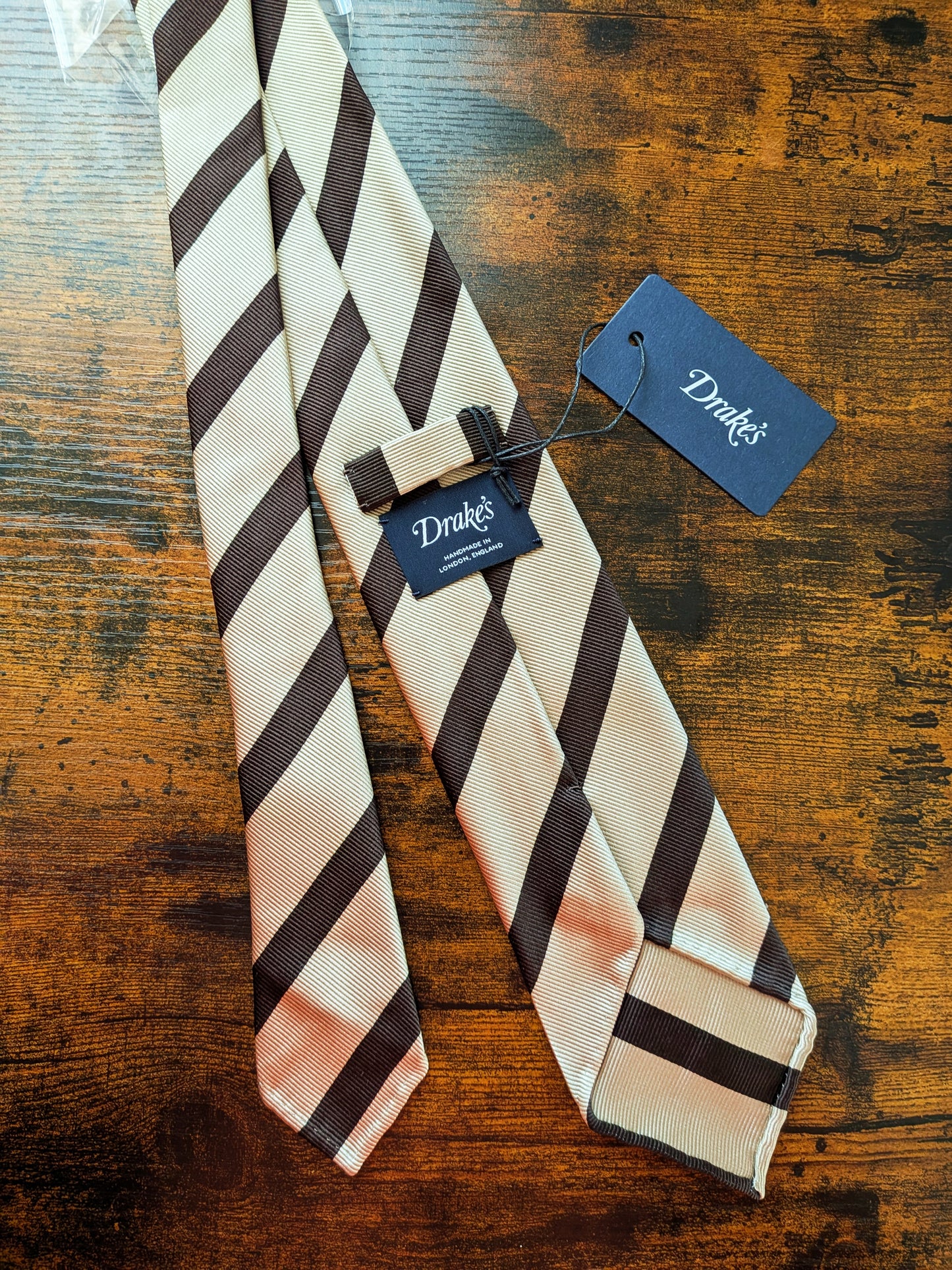 Drakes Cream Brown Block Striped Handmade Silk Tie With Tag