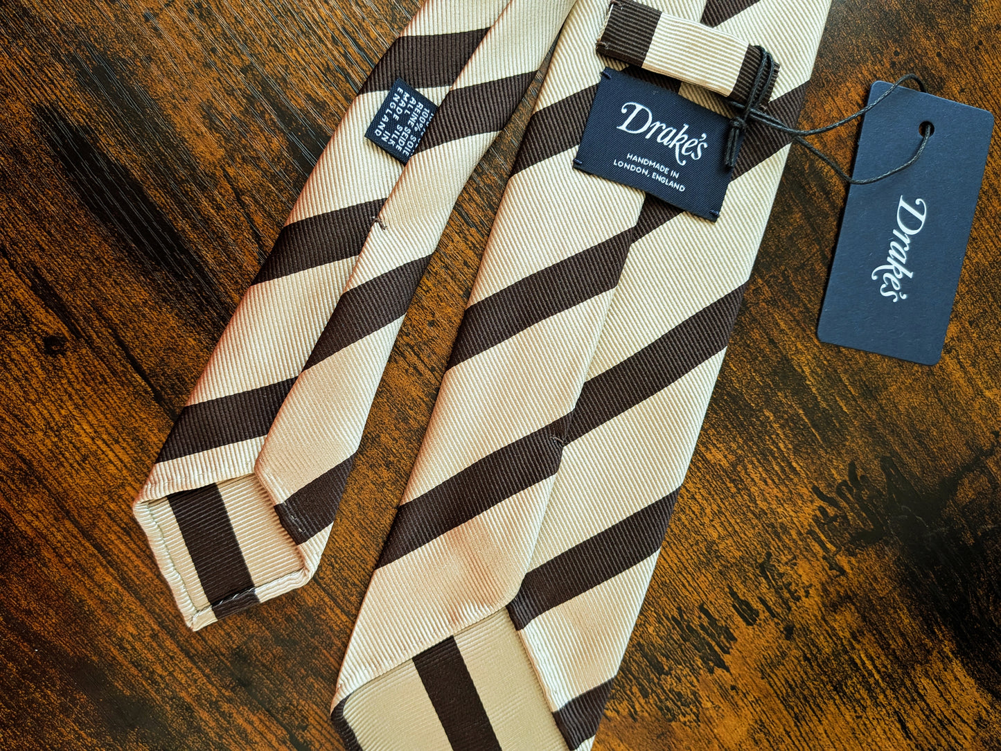 Drakes Cream Brown Block Striped Handmade Silk Tie With Tag