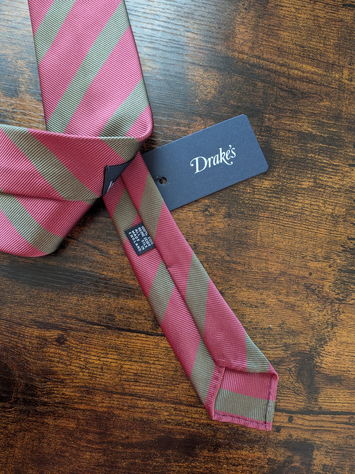 Drakes Dusty Rose Taupe Block Striped Handmade Silk Tie With Tag