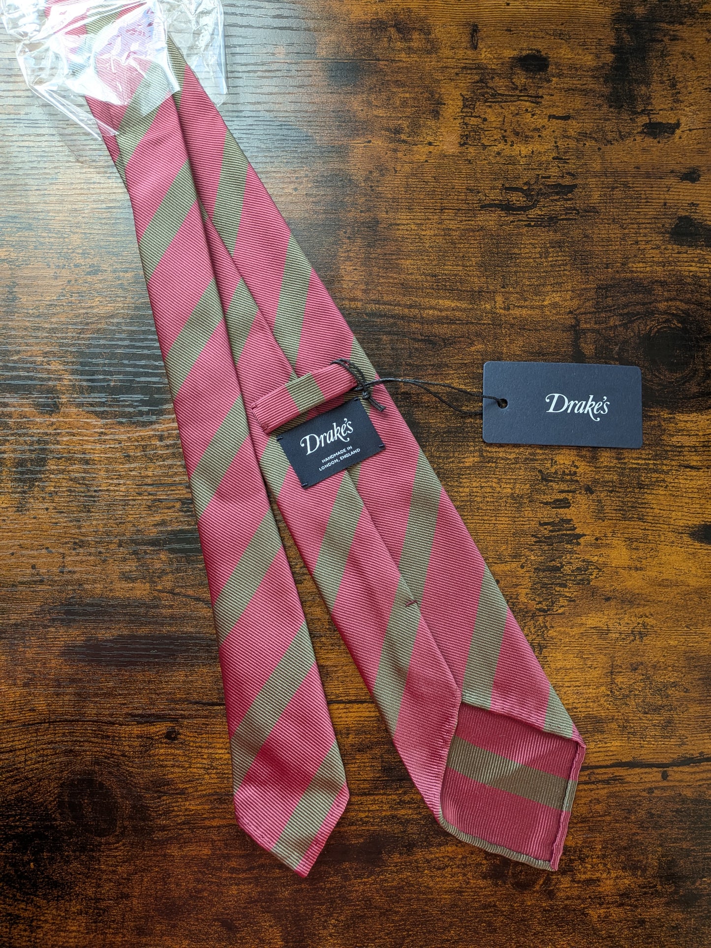 Drakes Dusty Rose Taupe Block Striped Handmade Silk Tie With Tag