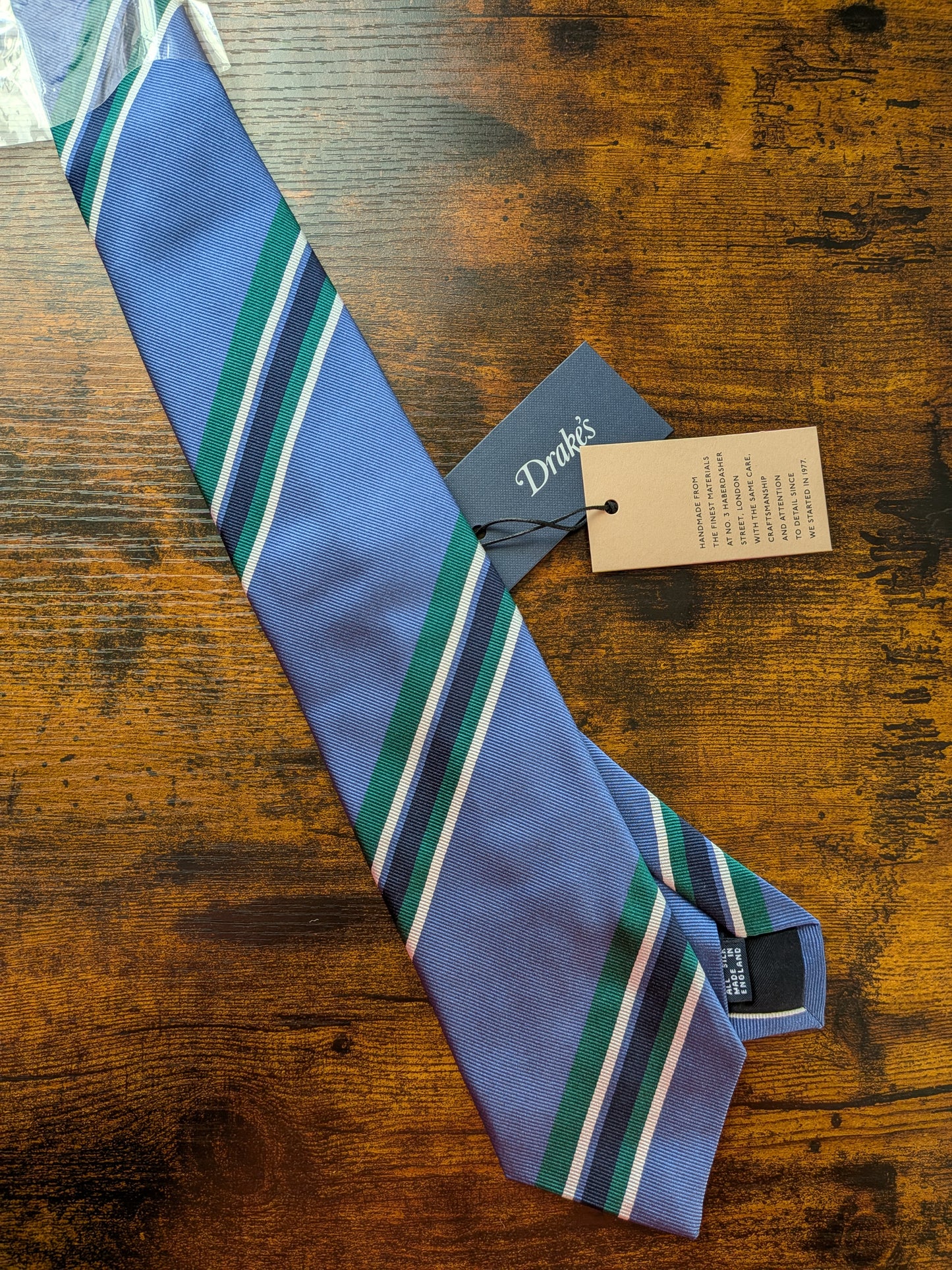 Drakes Blue Green Block Striped Handmade Silk Tie With Tag