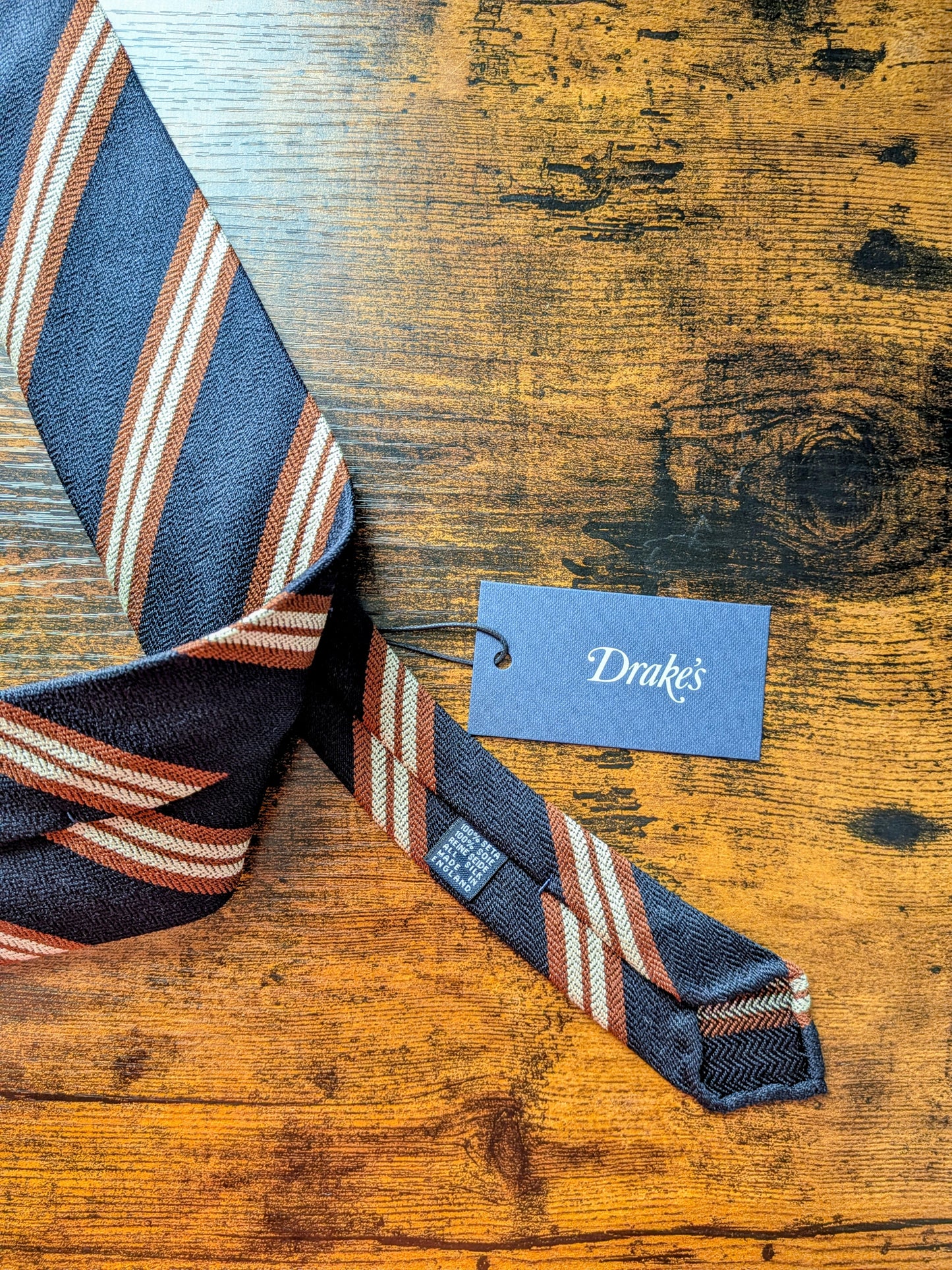 Drakes Navy Brown White Handmade Striped Silk Tie With Tag