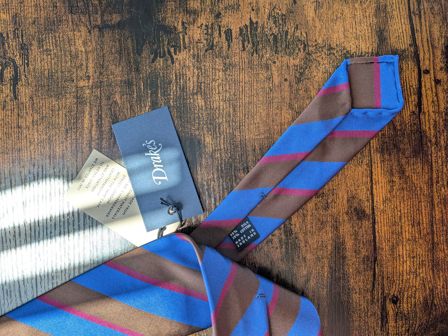 Drakes Blue Brown Red Block Striped Handmade Silk Tie With Tag
