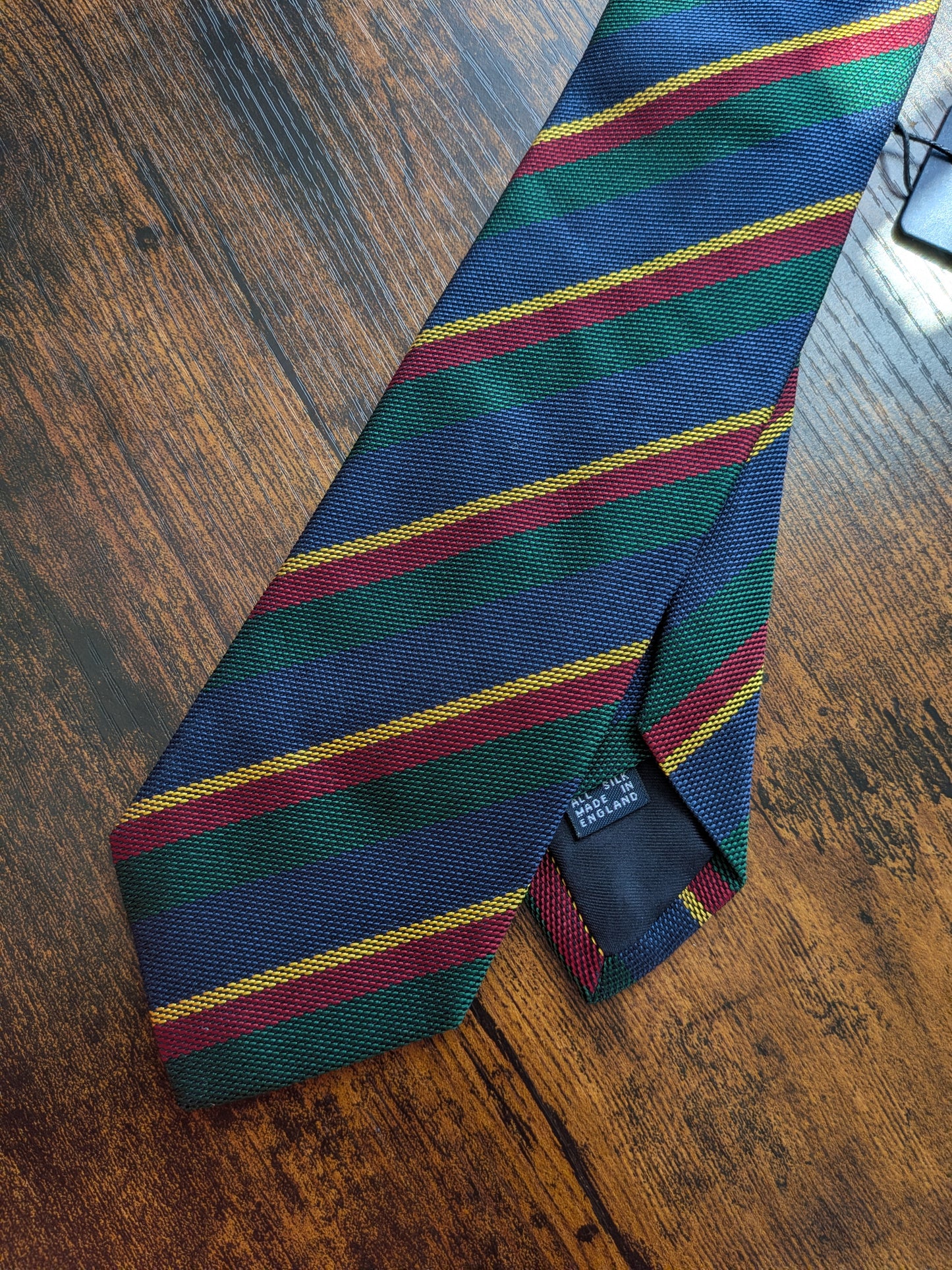 Drakes Navy Green Multicoloured Striped Handmade Silk Tie With Tag