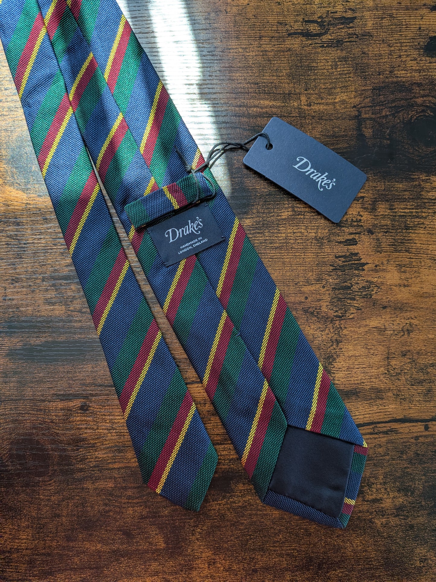 Drakes Navy Green Multicoloured Striped Handmade Silk Tie With Tag