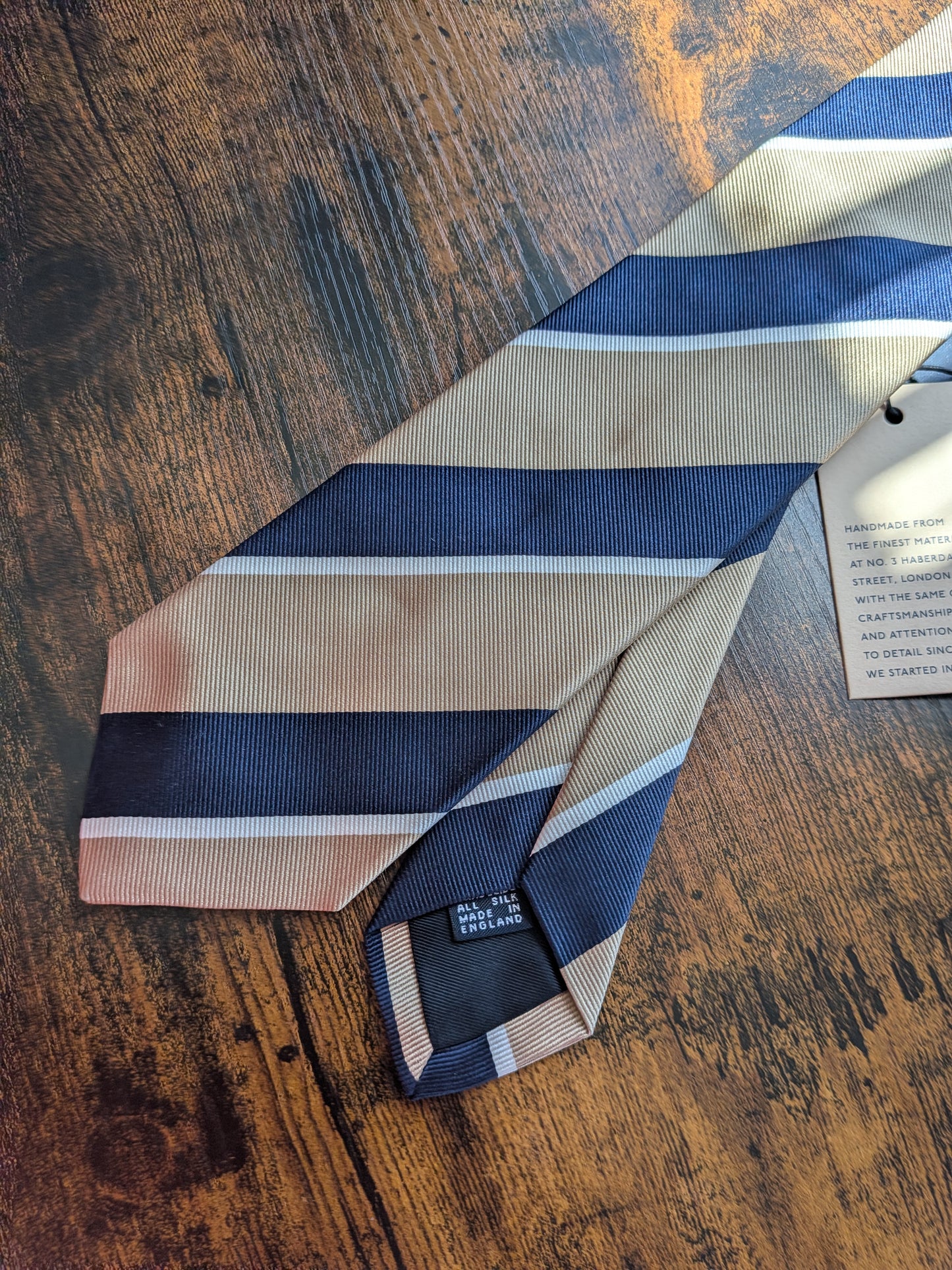 Drakes Light Brown Navy White Multicoloured Striped Handmade Silk Tie With Tag
