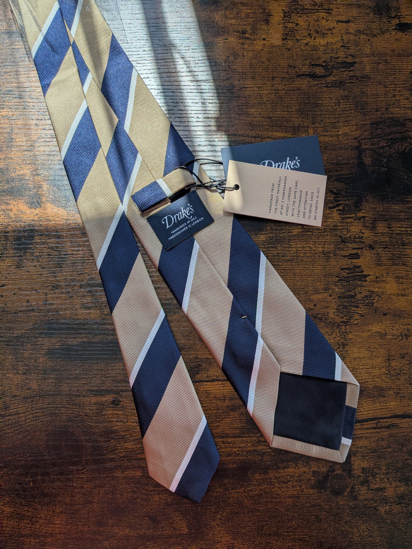 Drakes Light Brown Navy White Multicoloured Striped Handmade Silk Tie With Tag