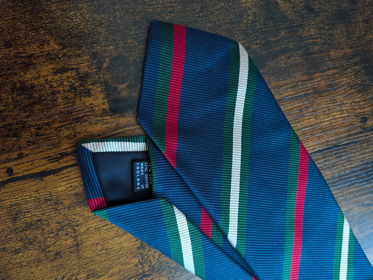 Drakes Navy Green White Multicoloured Striped Handmade Silk Tie With Tag