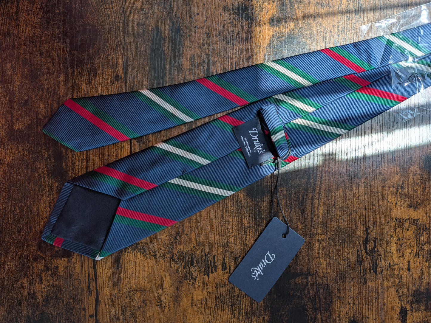 Drakes Navy Green White Multicoloured Striped Handmade Silk Tie With Tag