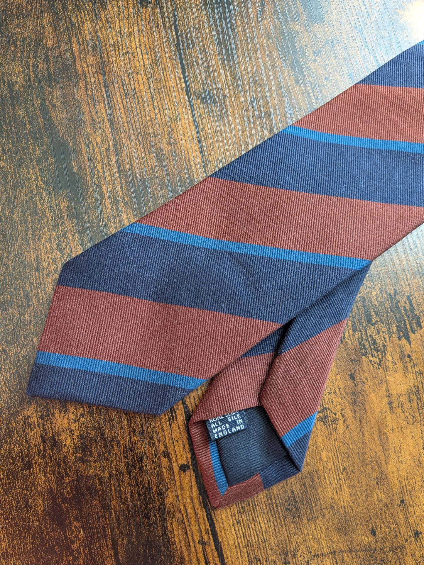 Drakes Brown Navy Blue Multicoloured Striped Handmade Silk Tie With Tag