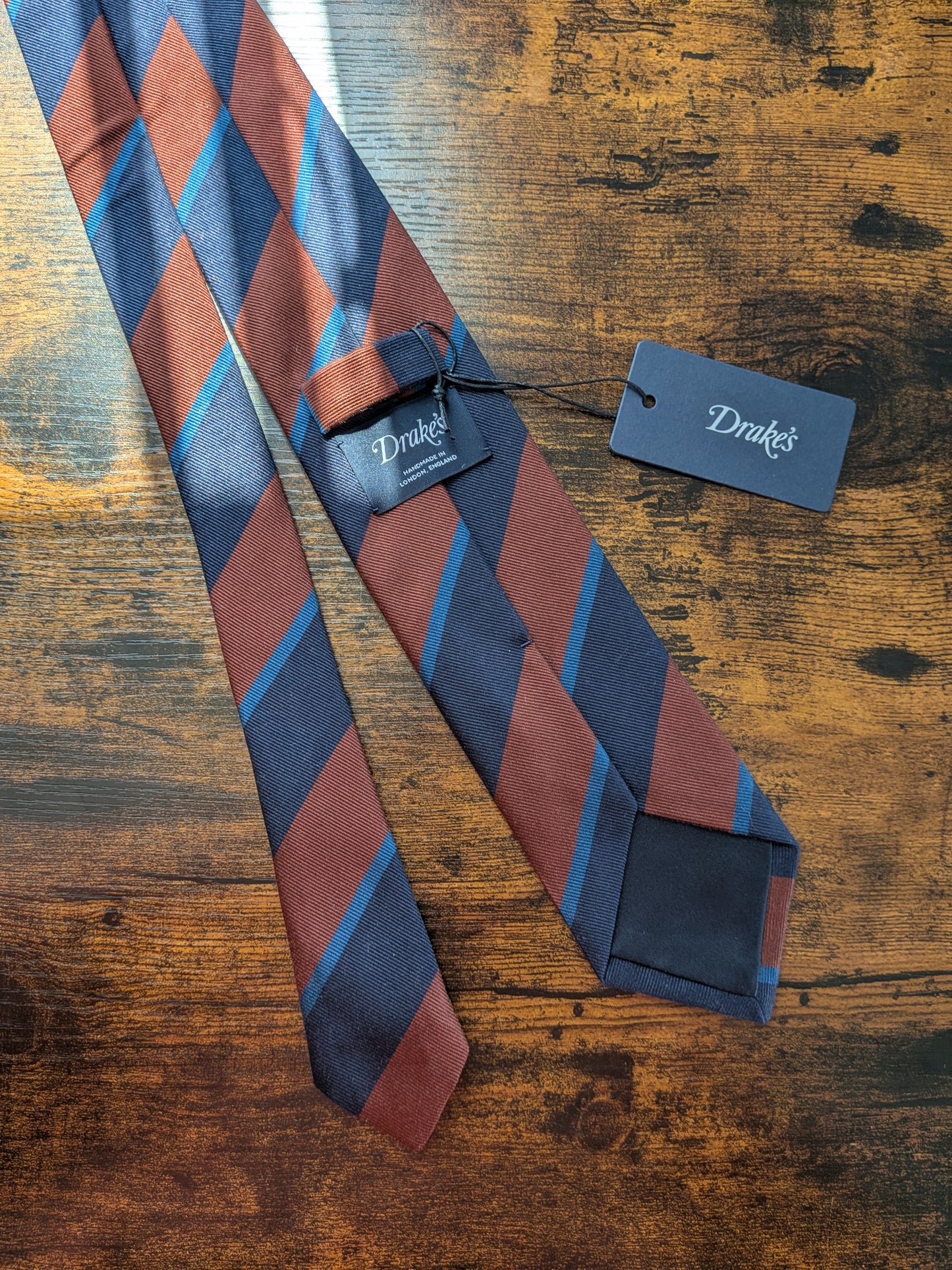 Drakes Brown Navy Blue Multicoloured Striped Handmade Silk Tie With Tag
