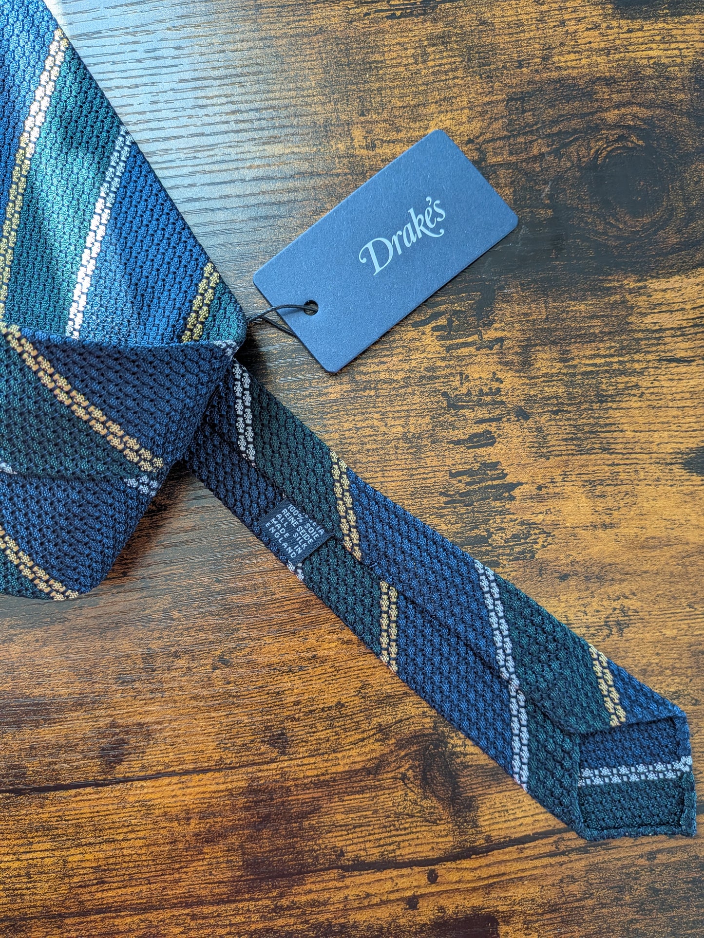 Drakes Grenadine Navy Green Yellow Multicoloured Striped Handmade Silk Tie With Tag